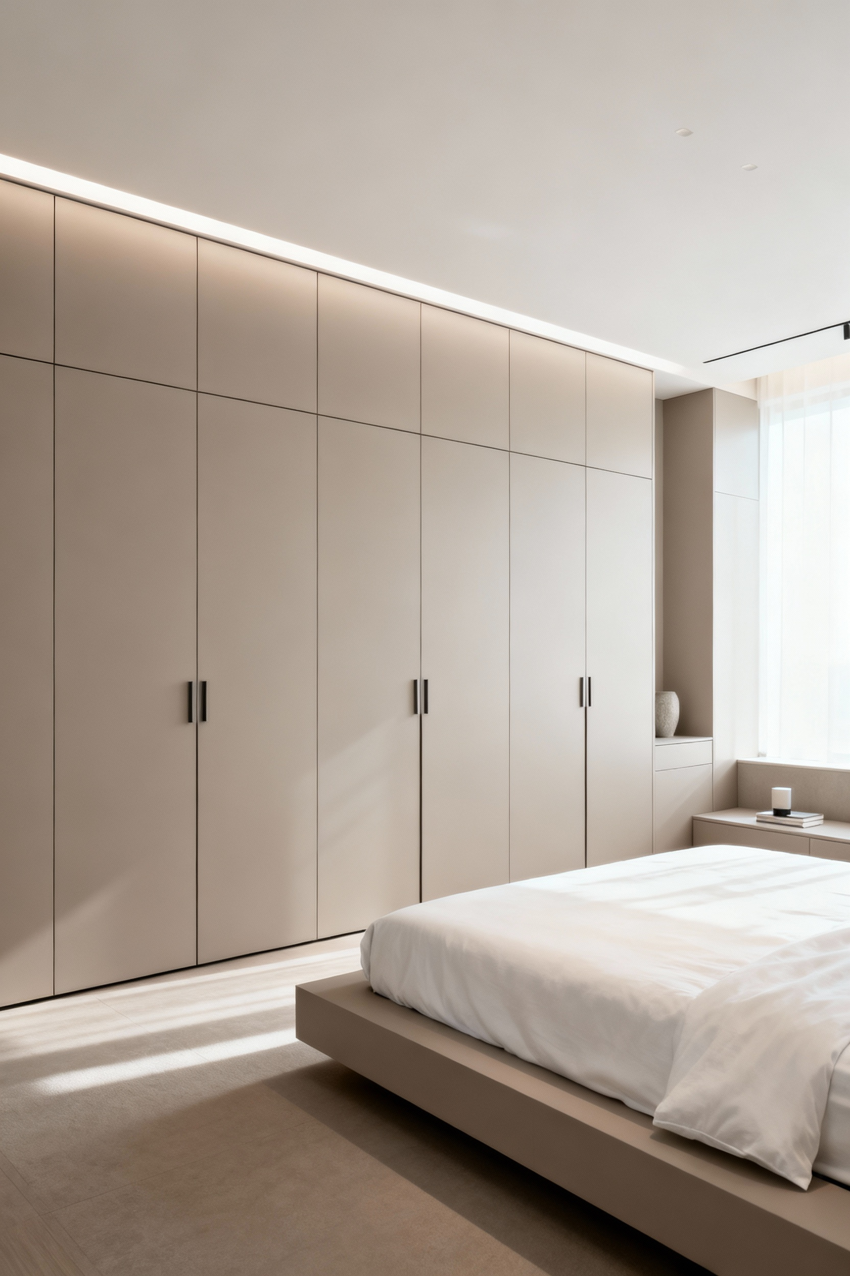A minimalist small bedroom featuring handleless, push-to-open built-in wardrobes finished in pale taupe matte lacquer, forming a seamless, flat architectural facade that helps the large furniture blend into the wall.