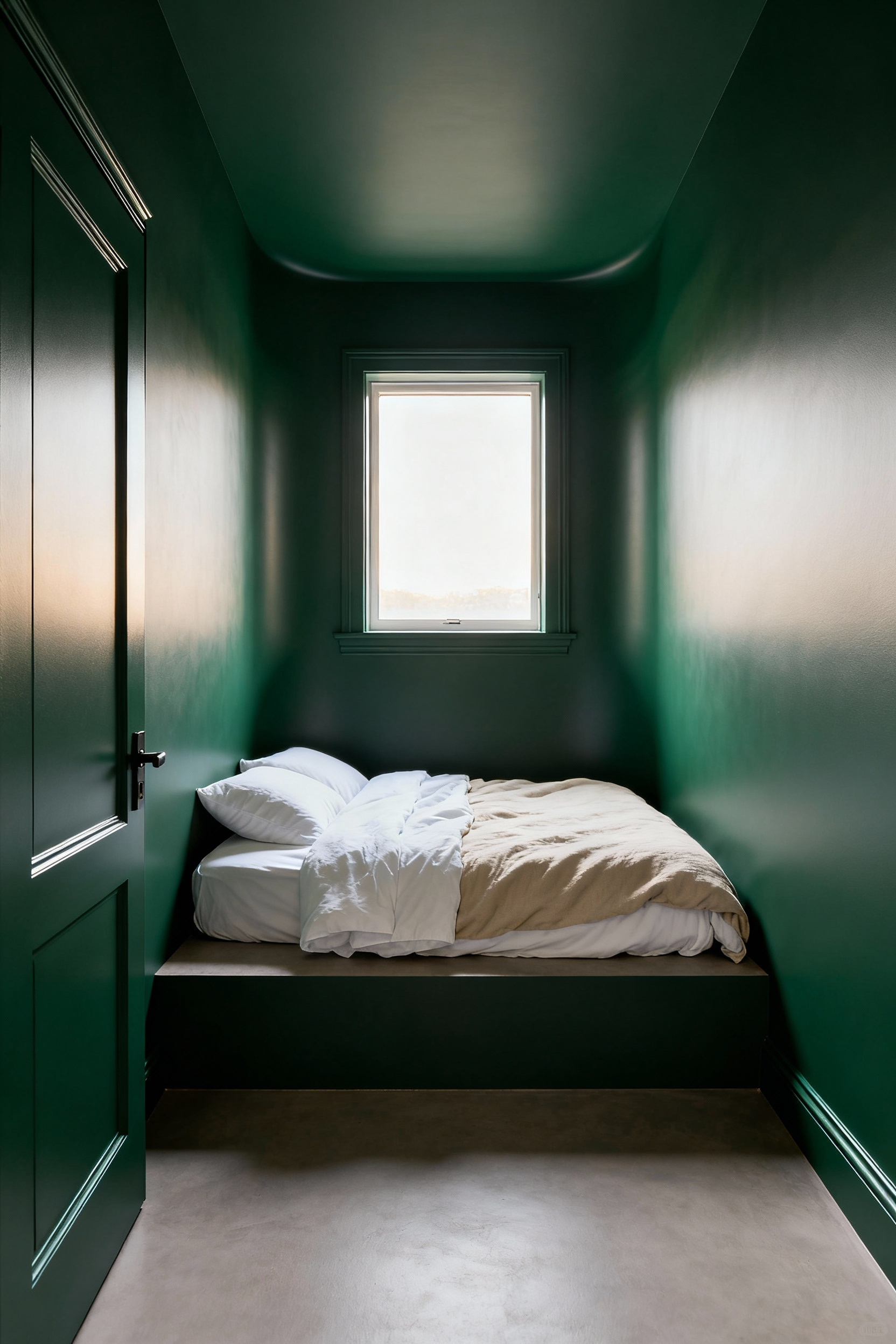 A small bedroom painted uniformly in deep matte forest green across the walls, trim, and ceiling, demonstrating the color drenching technique to make the room feel larger.