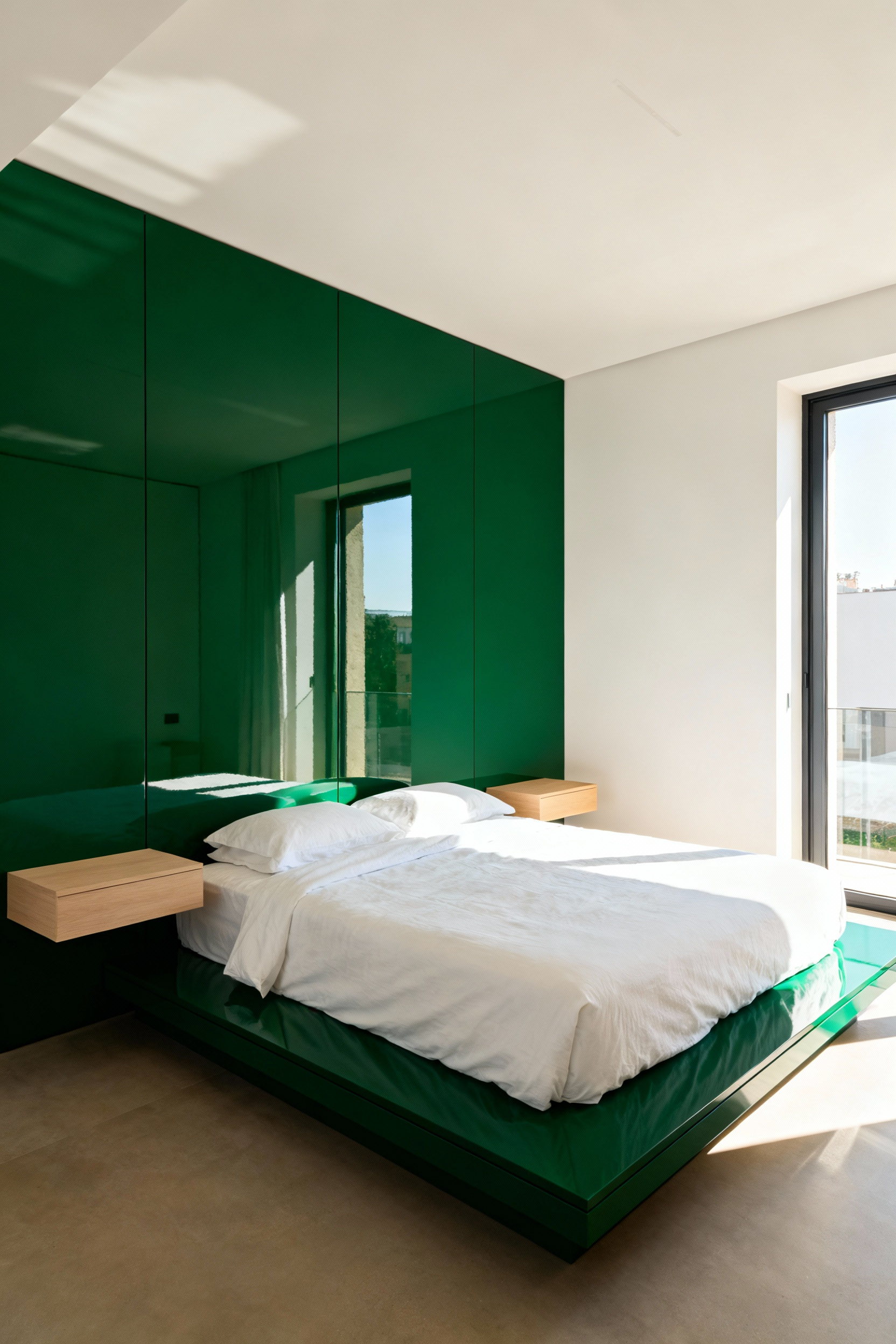 Small, modern bedroom featuring a deep emerald green high-gloss lacquer focal wall behind the bed, which dramatically reflects sunlight to create an expansive feeling of depth and dimension.
