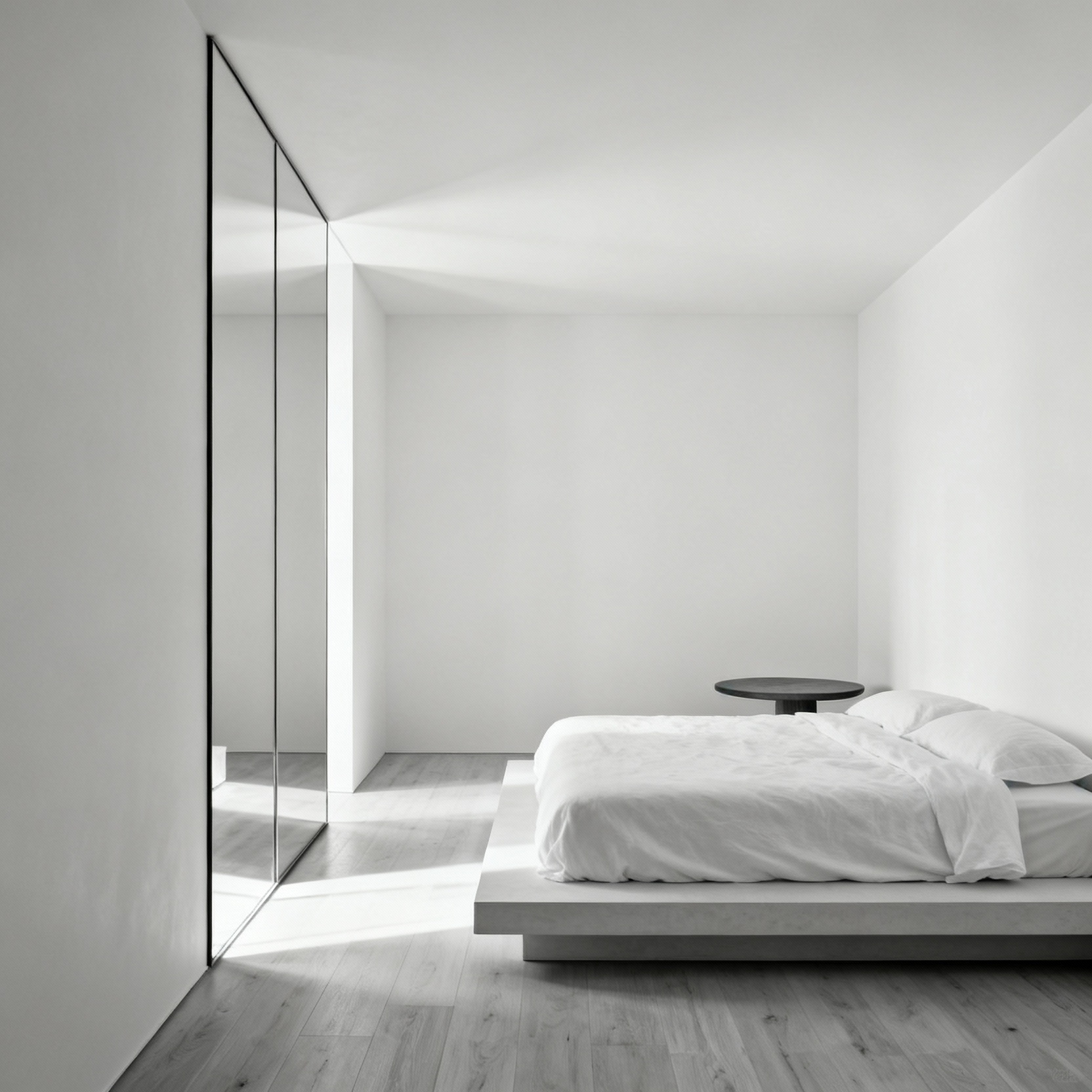 A small, minimalist bedroom painted entirely in a seamless soft white, where the ceiling and walls blend together, featuring a large floor-to-ceiling mirror to create the illusion of expanded space and increased height.