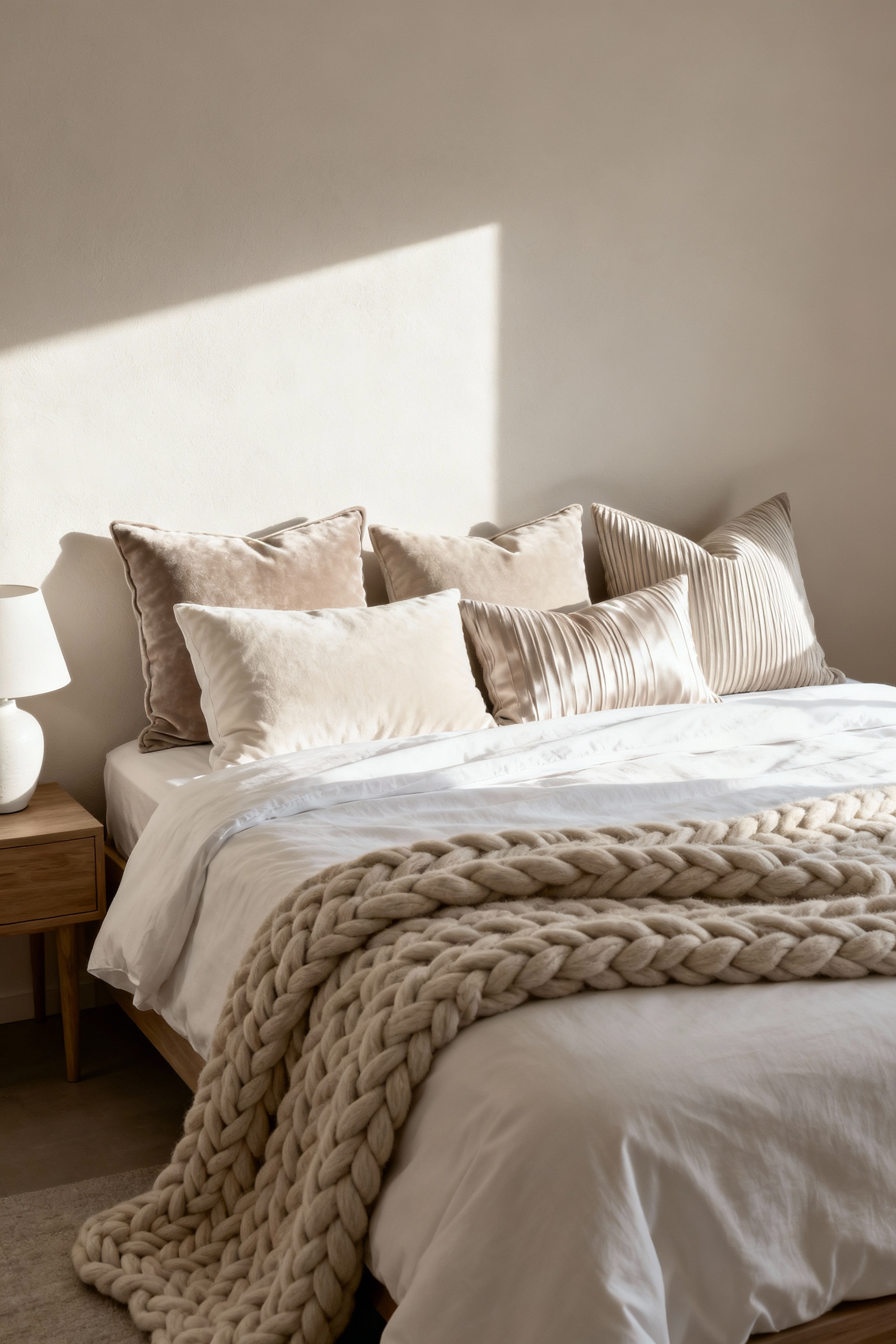 A small, minimalist bedroom featuring a monochromatic design palette. The bed is layered with multiple shades of cream and white textiles, emphasizing contrasting textures like crisp linen, plush velvet, and chunky knit wool to create visual depth.