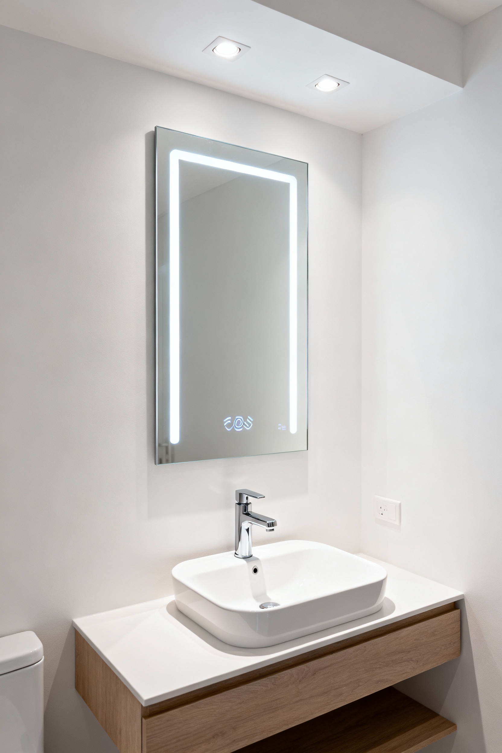 Modern small bathroom featuring a sleek smart mirror with integrated lighting and a touchless faucet, showcasing smart home technology for streamlined functions.