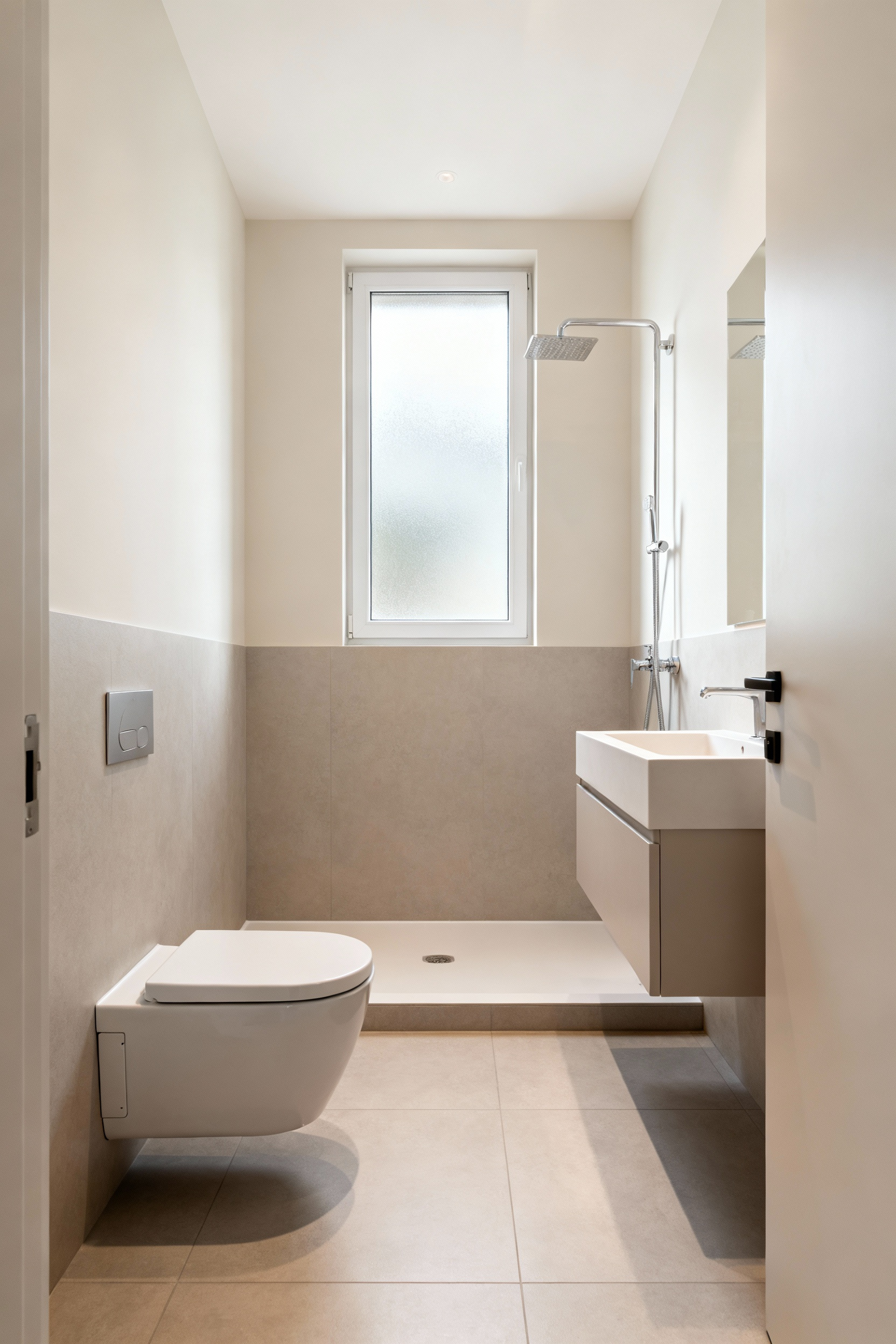 Small modern bathroom with strategically placed wall-mounted toilet, compact floating vanity, and curbless shower, demonstrating an efficient smart layout grid.