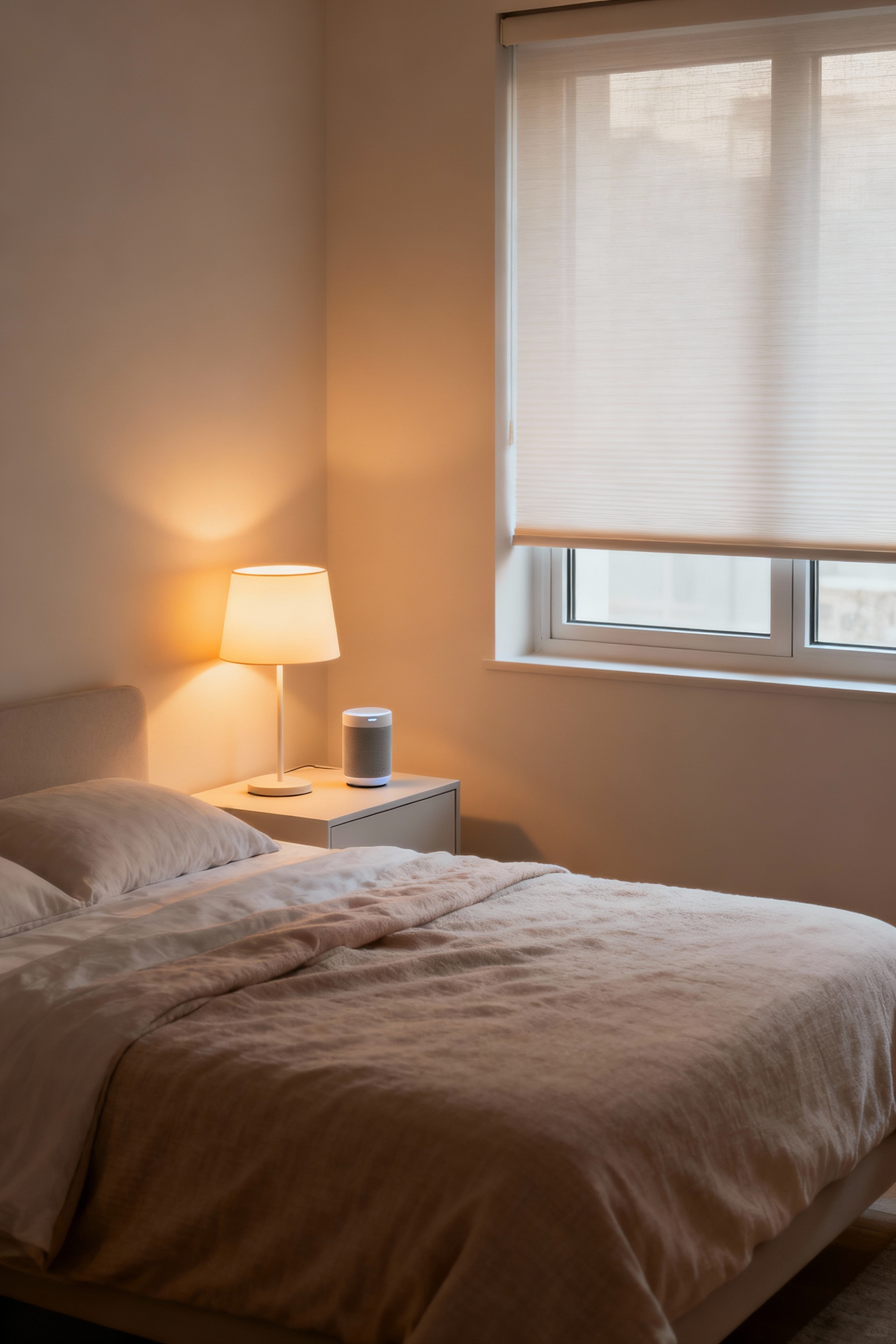 A modern and serene bedroom featuring integrated smart home technology. The room has soft, ambient lighting from smart lamps and partially open automated blinds, showcasing comfort and advanced automation without visible gadgets or people.