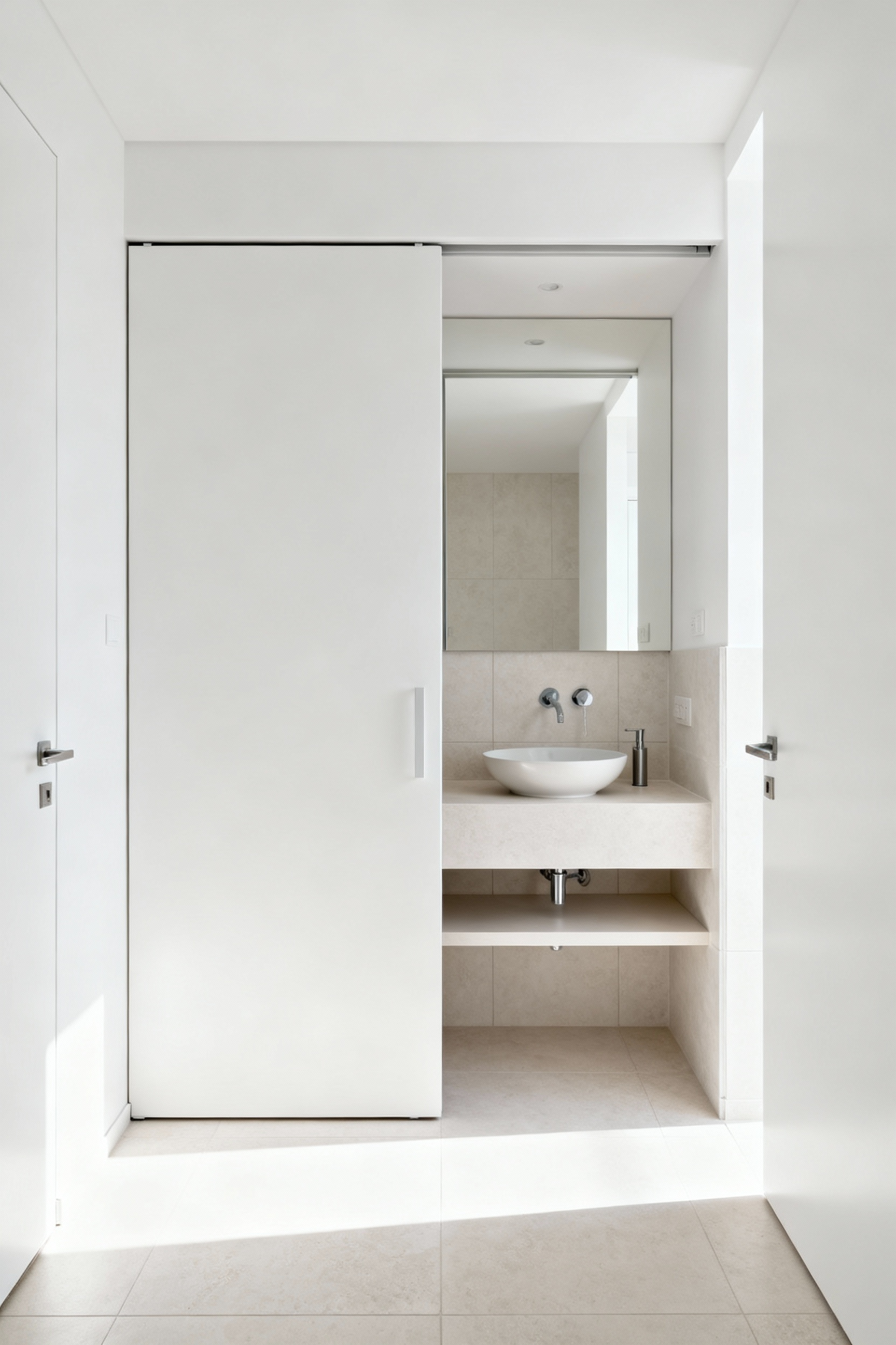 A modern small bathroom featuring a space-saving pocket door, demonstrating how eliminating a traditional door's swing arc creates more functional floor and wall space in compact interiors. The sleek design and clean lines highlight efficient use of every square foot.