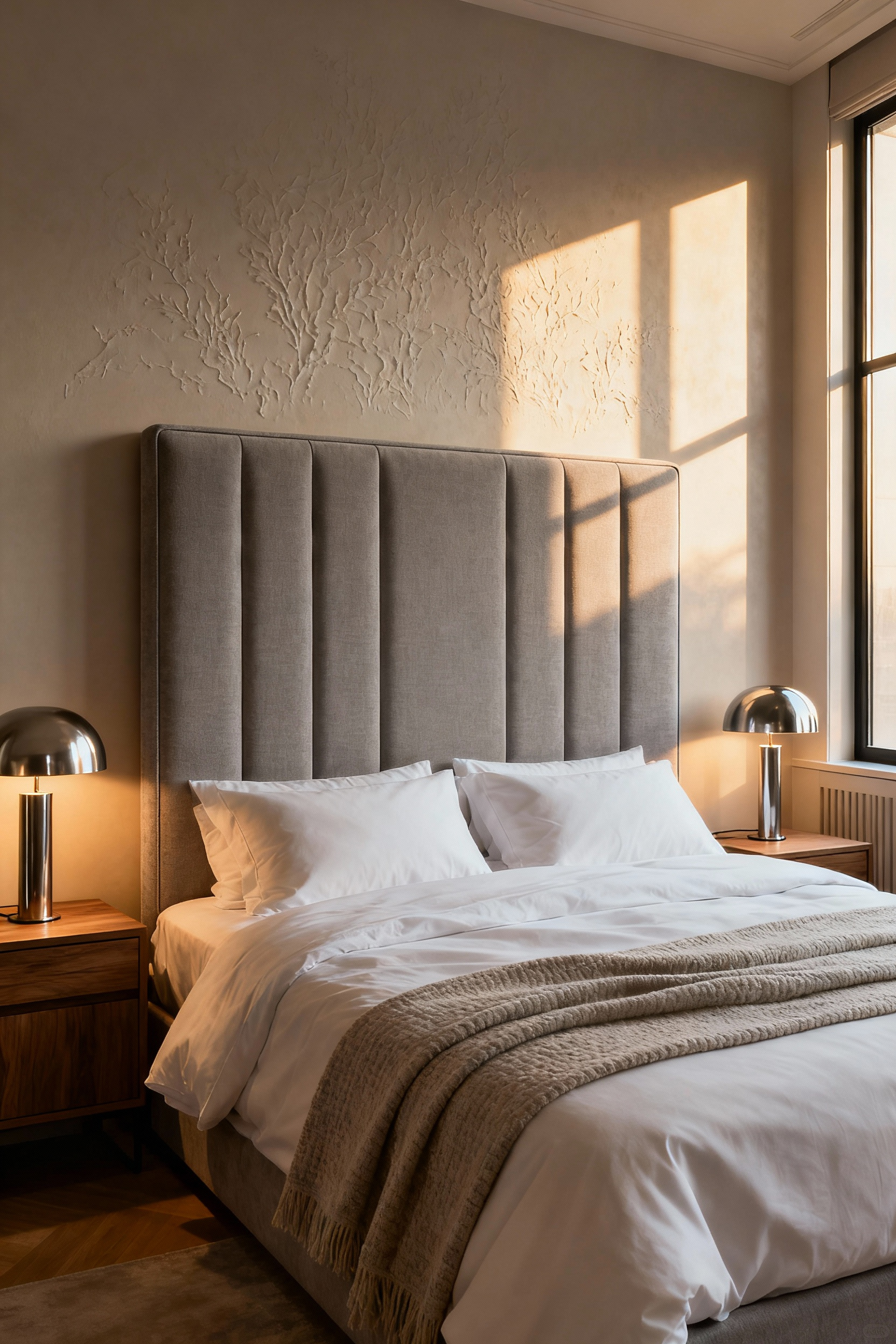 A luxurious bedroom featuring a tall, elegant upholstered statement headboard in grey, flanked by minimalist nightstands and soft lighting, creating a captivating focal point.