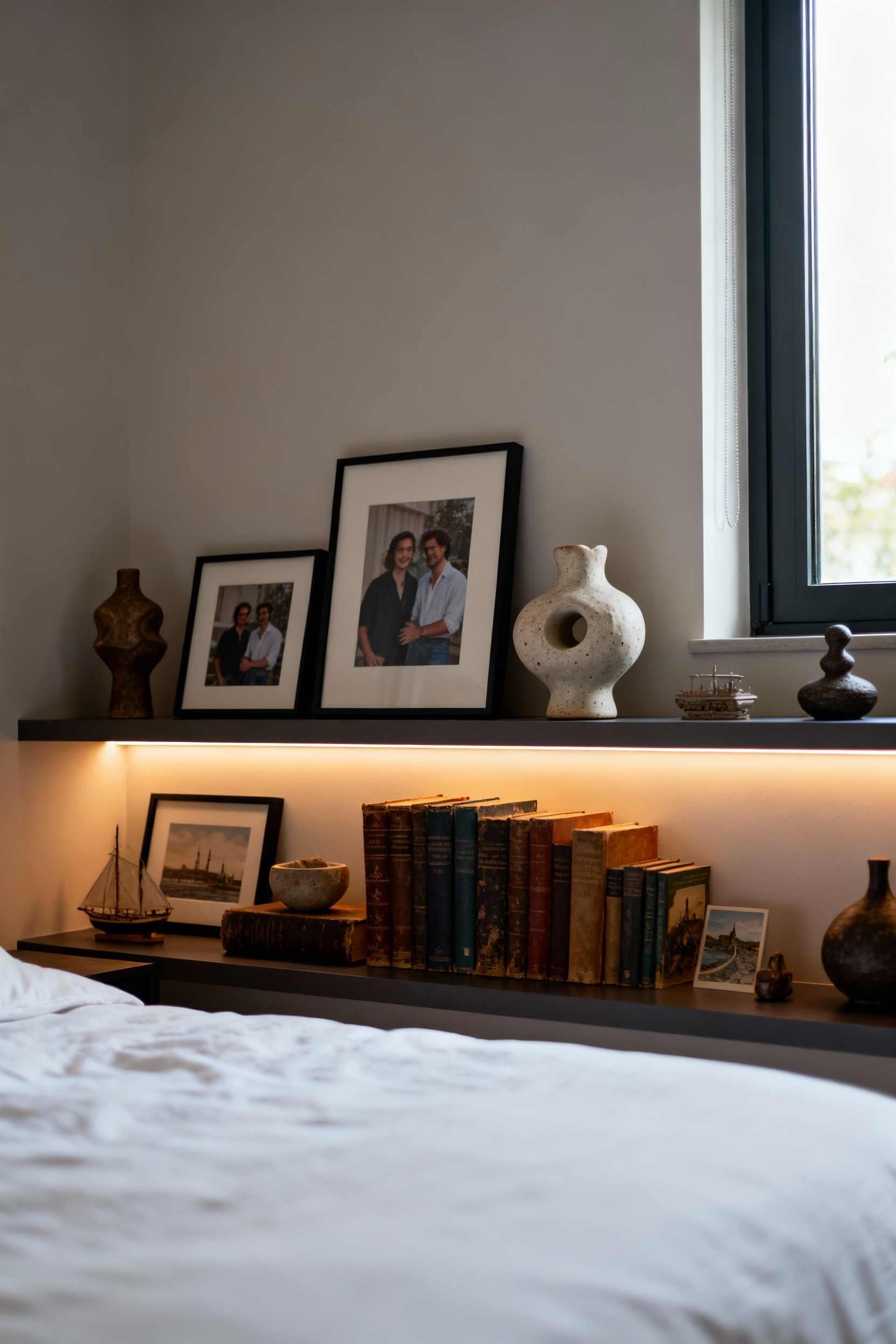 A styled bedroom display of personal collectibles, art, and framed photos on a shelf, showcasing a unique personal narrative. Cozy bedroom decor with storytelling elements.