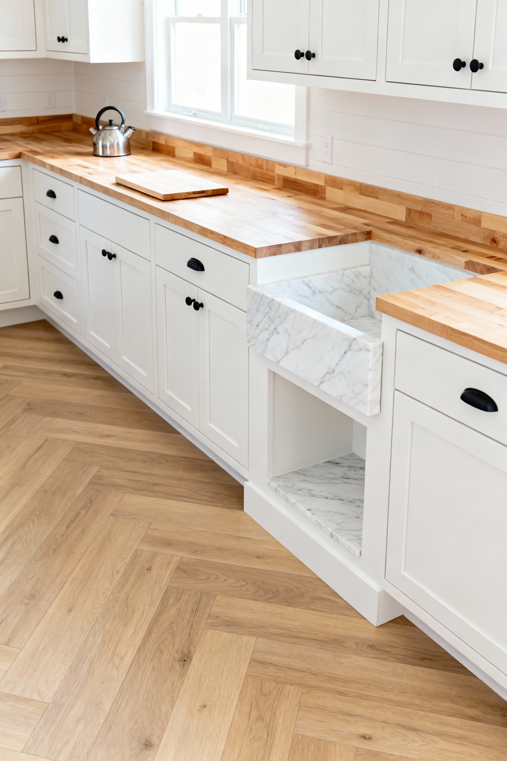 A bright, newly renovated kitchen showcasing budget-friendly materials including warm butcher block countertops, white stock cabinetry, a small accent area featuring a polished marble remnant, and wide-plank light oak Luxury Vinyl Plank (LVP) flooring.