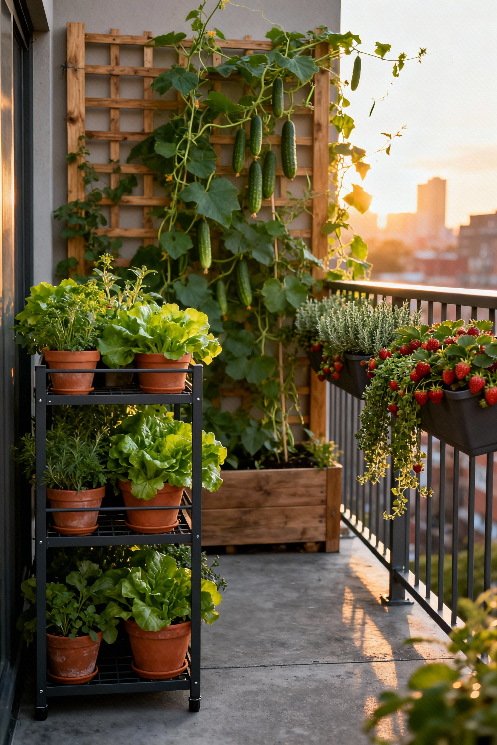 A vibrant urban balcony garden maximized for biomass using strategic vertical planting techniques, featuring tiered metal shelving units, rail-hung pocket planters, and a wooden trellis densely covered in vining cucumbers and peas.