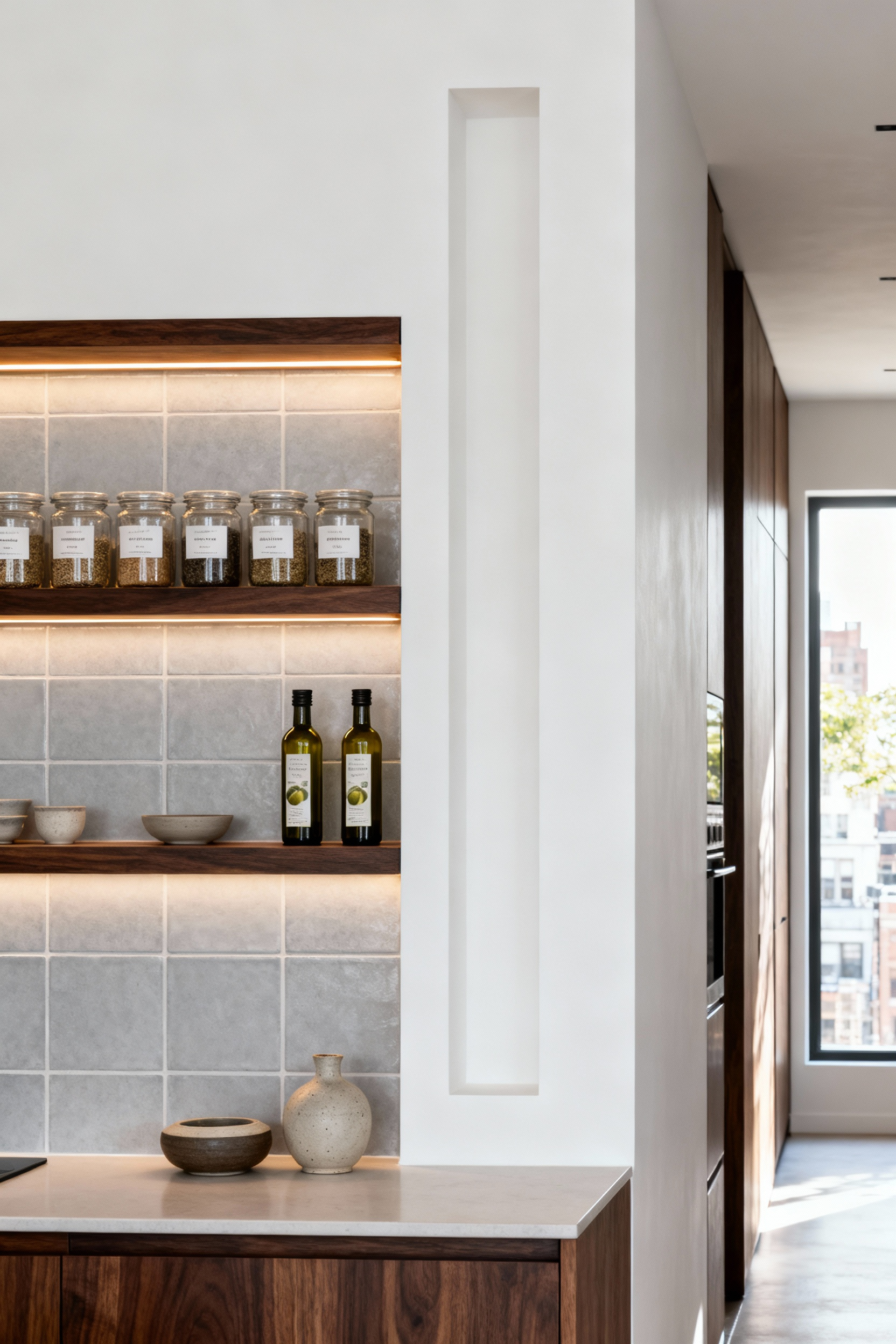 A streamlined structural recessed niche in a narrow, modern kitchen hallway, featuring flush-mount dark walnut shelving used for organizing spice jars and artisanal oils.