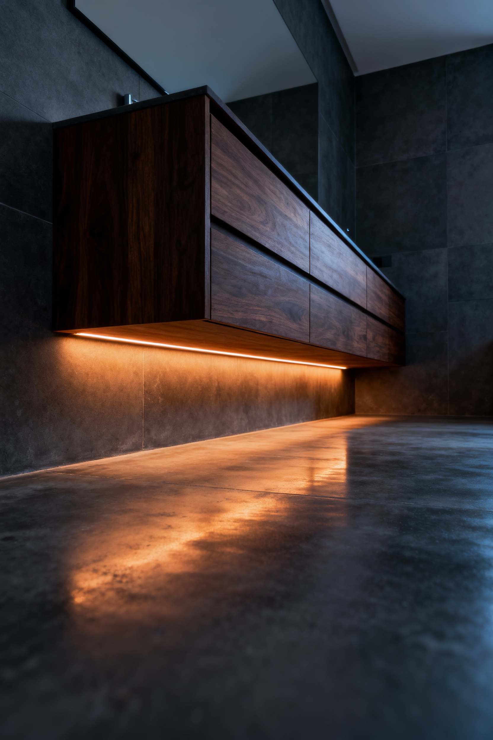 Modern minimalist bathroom featuring a floating dark wood vanity illuminated underneath by motion-activated LED toe-kick lighting across a polished concrete floor.