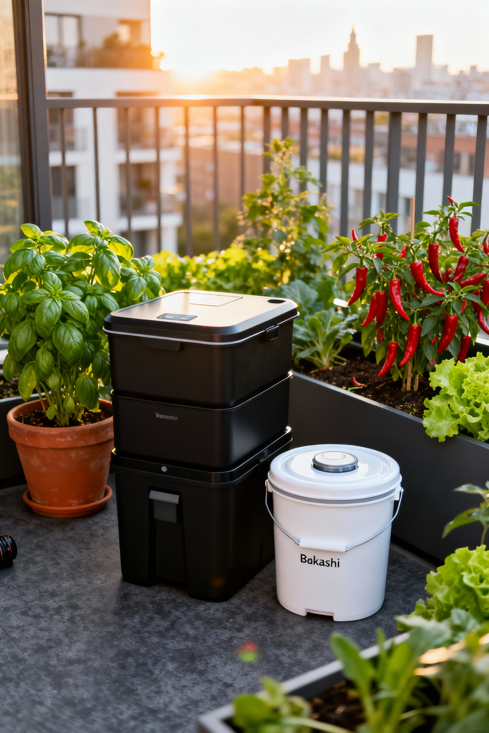 A modern apartment balcony featuring integrated urban composting systems, including a worm bin and a Bokashi bucket, surrounded by lush potted plants and herbs.