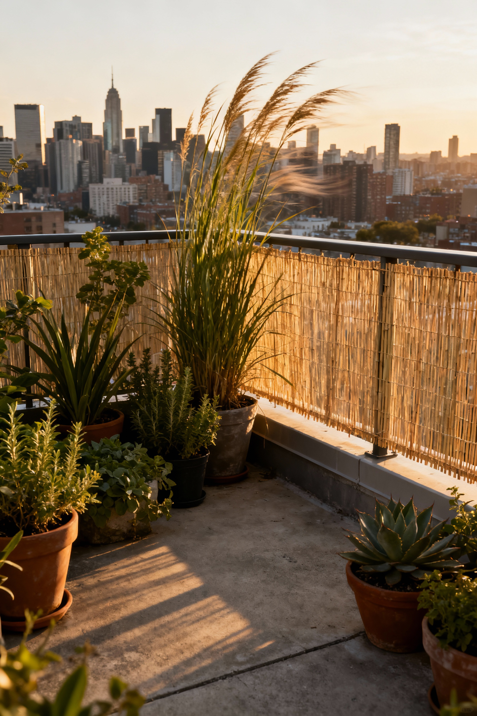A high-rise urban balcony showing wind-tolerant plants and a woven bamboo permeable windbreak used to manage high-velocity wind shear and airflow.