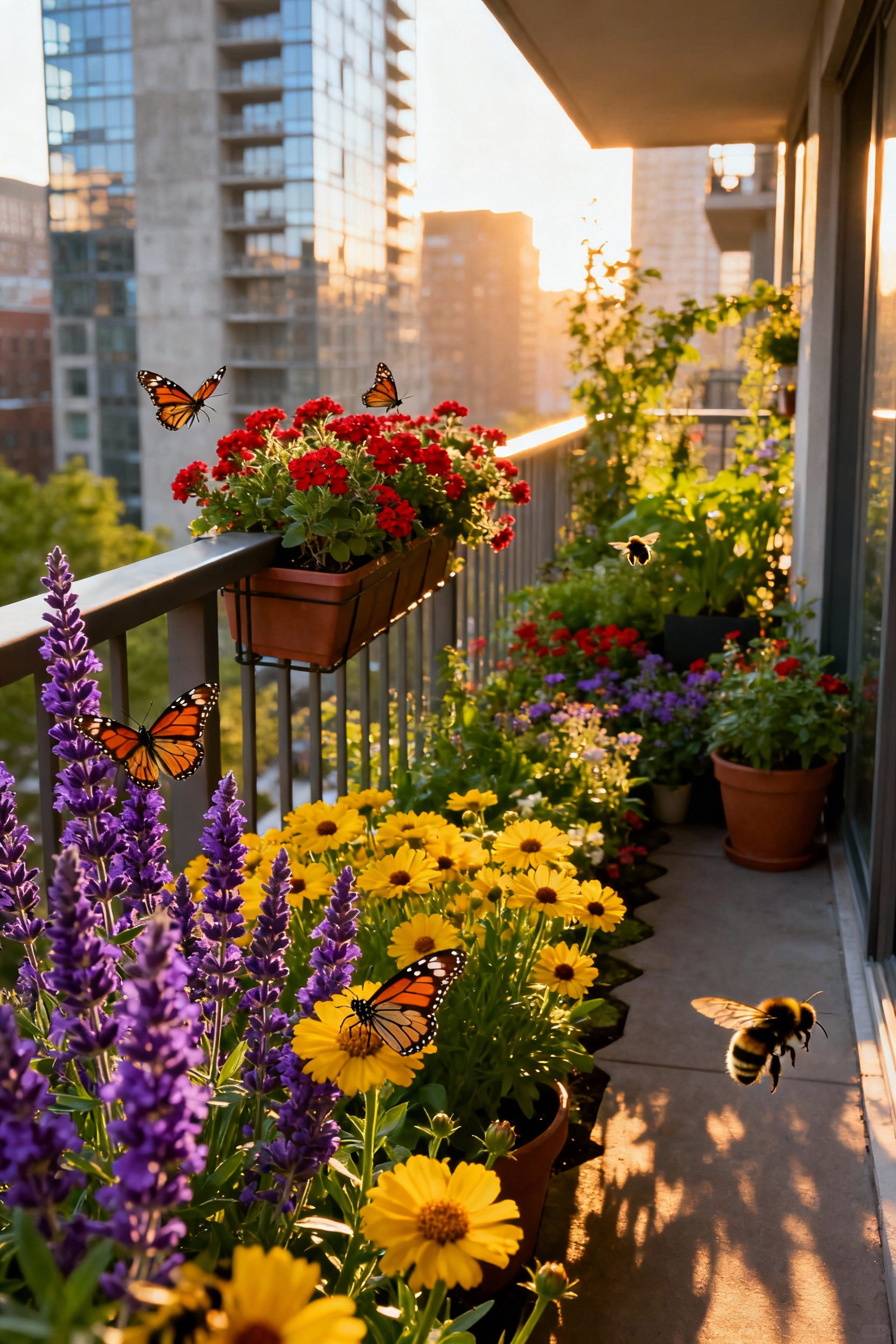 A densely planted urban balcony garden featuring large blocks of highly saturated purple, yellow, and red flowers, acting as a critical pollinator stepping stone in a fragmented city environment.