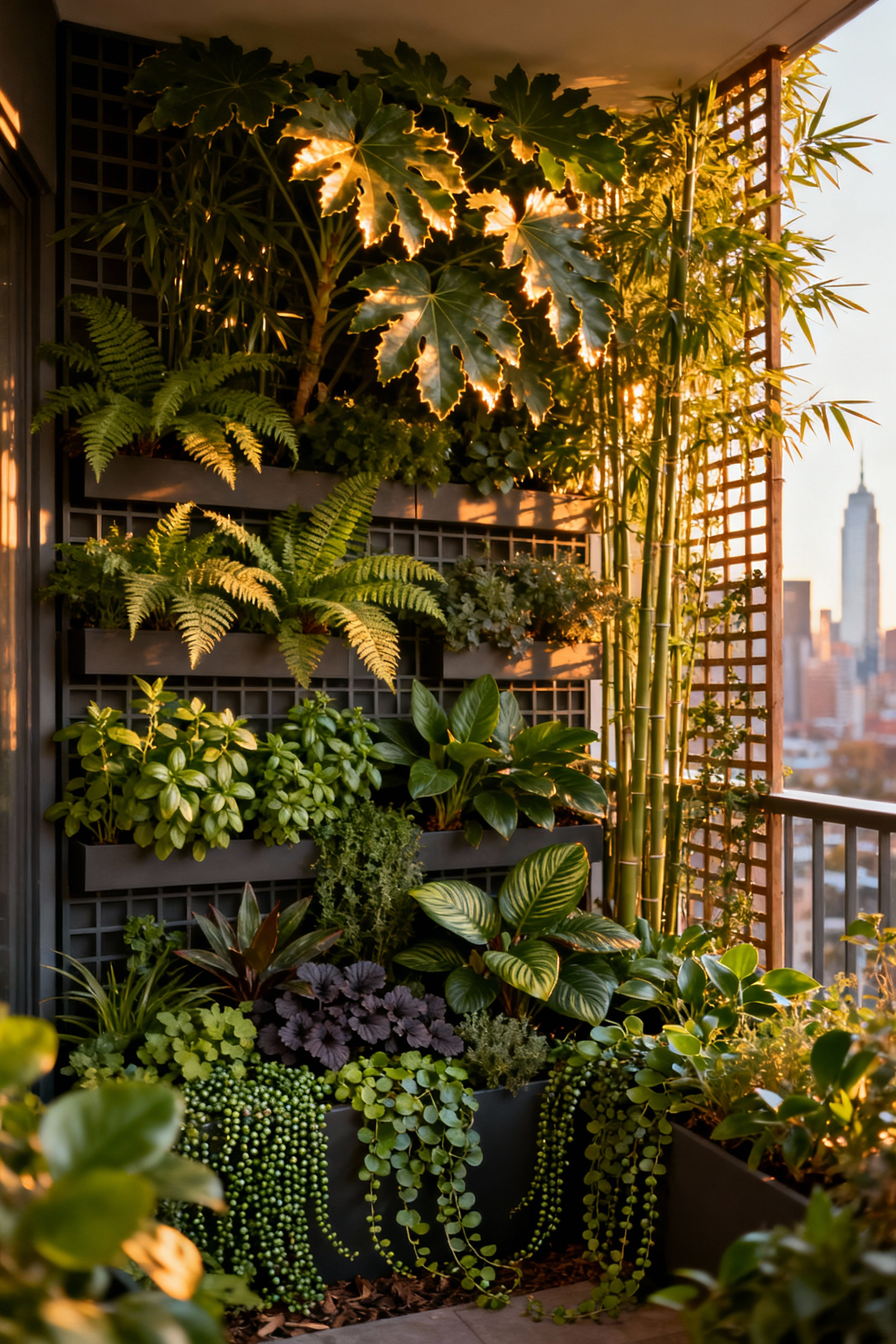 A lush urban balcony garden utilizing vertical layering techniques with plants organized into dense strata on tiered planters and trellises, mimicking a forest canopy to maximize greenery per square foot.