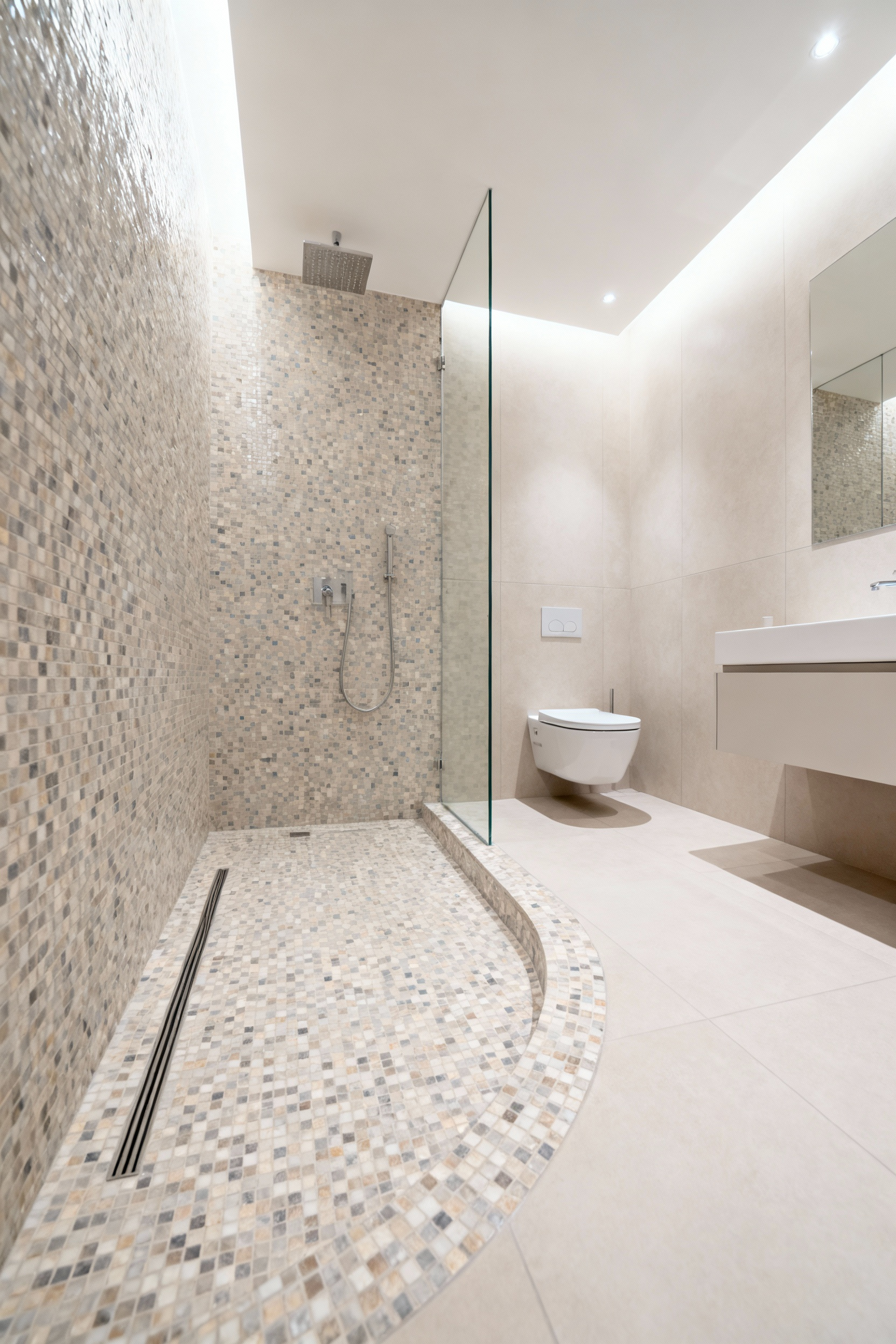 A beautifully designed modern wet room bathroom with a seamless walk-in shower, wall-mounted fixtures, and light-colored tiles, emphasizing an open and spacious feel in a compact area.
