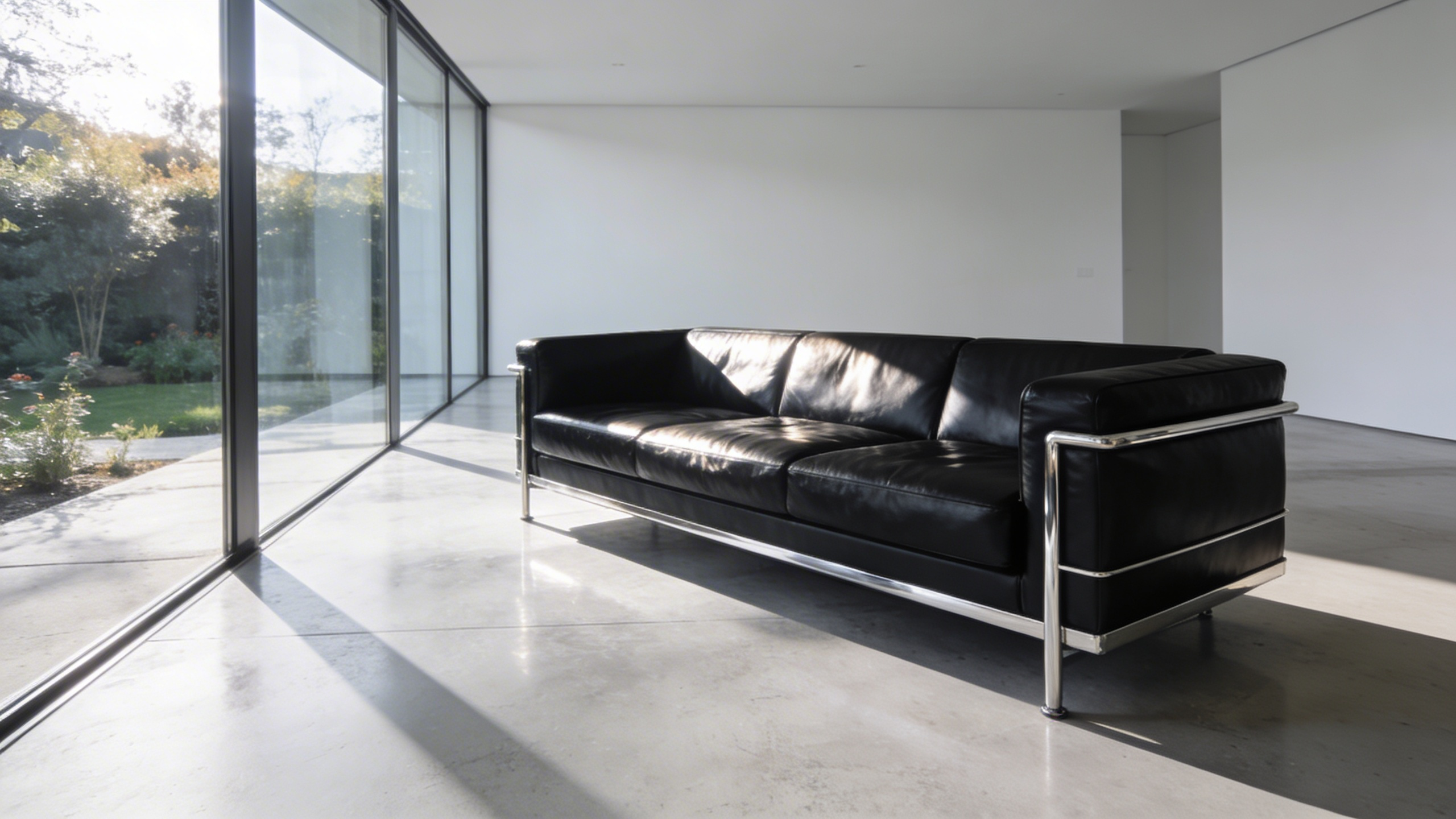 A modern minimalist living room featuring a black leather Le Corbusier style sofa with a visible chrome steel frame as the architectural centerpiece.