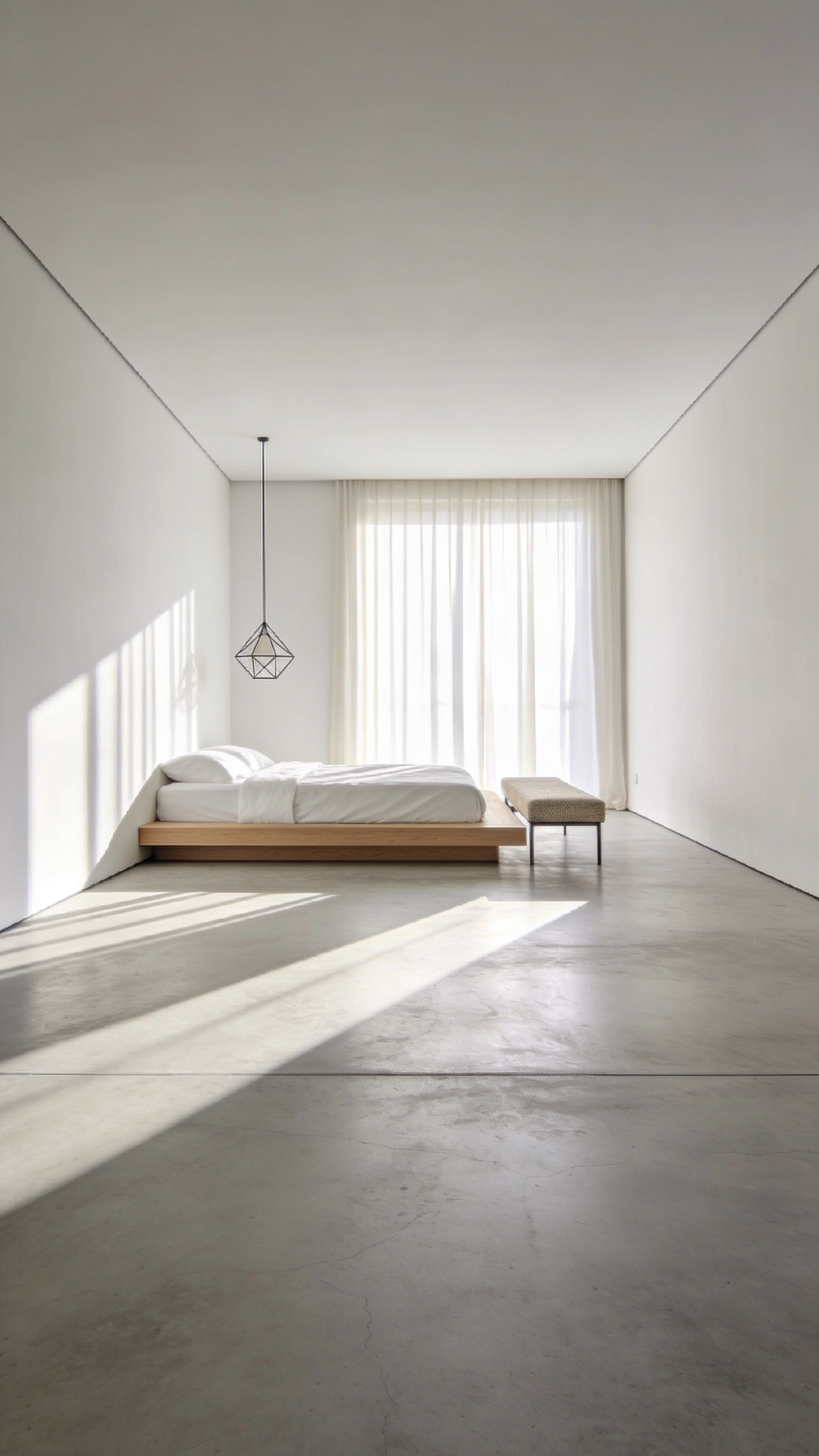 Minimalist bedroom emphasizing negative space with a low platform bed centered several feet away from the perimeter walls, illuminated by ethereal morning sunlight filtering through sheer curtains.
