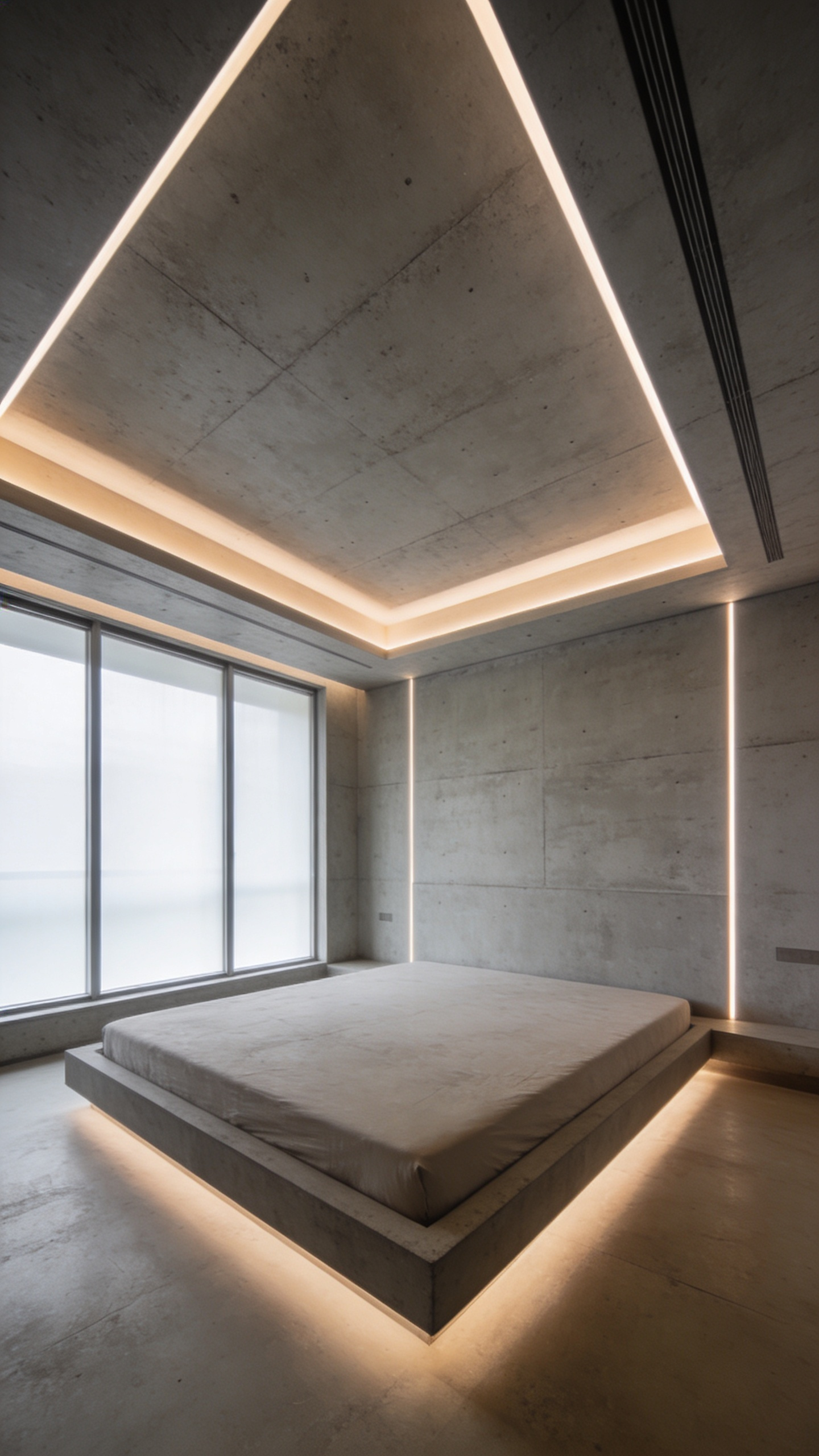 Architectural photograph of an empty modern bedroom shell emphasizing the ceiling volume, integrated linear lighting, and acoustic wall textures before furniture installation.