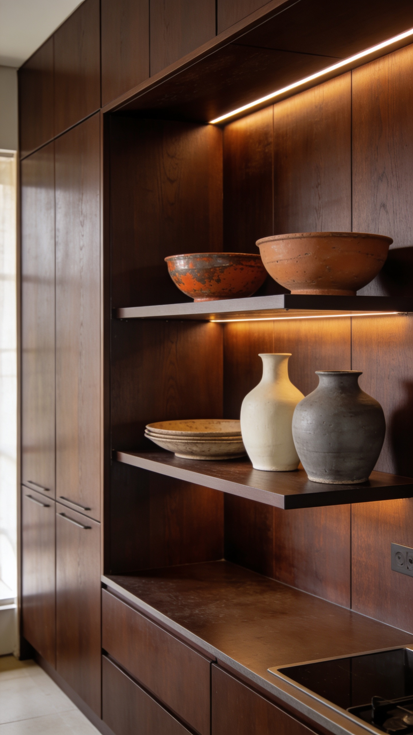 Open shelving in a deep walnut brown kitchen styled with a curated collection of matte unglazed grey stoneware and vibrant terracotta ceramics.