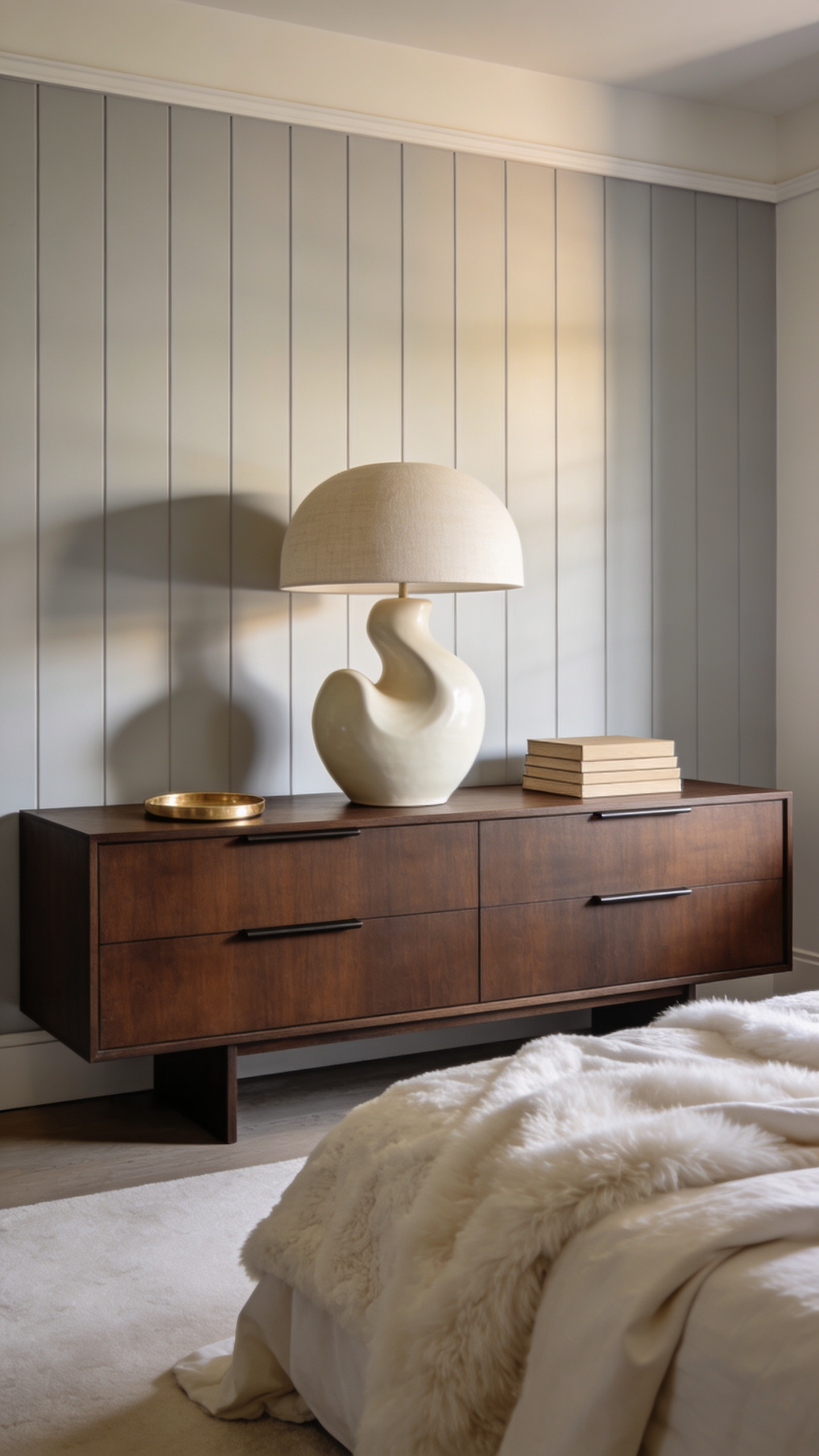High-resolution photograph showing a dark rectangular dresser topped with a large, rounded, organic ceramic lamp in a sophisticated, neutrally toned bedroom setting.