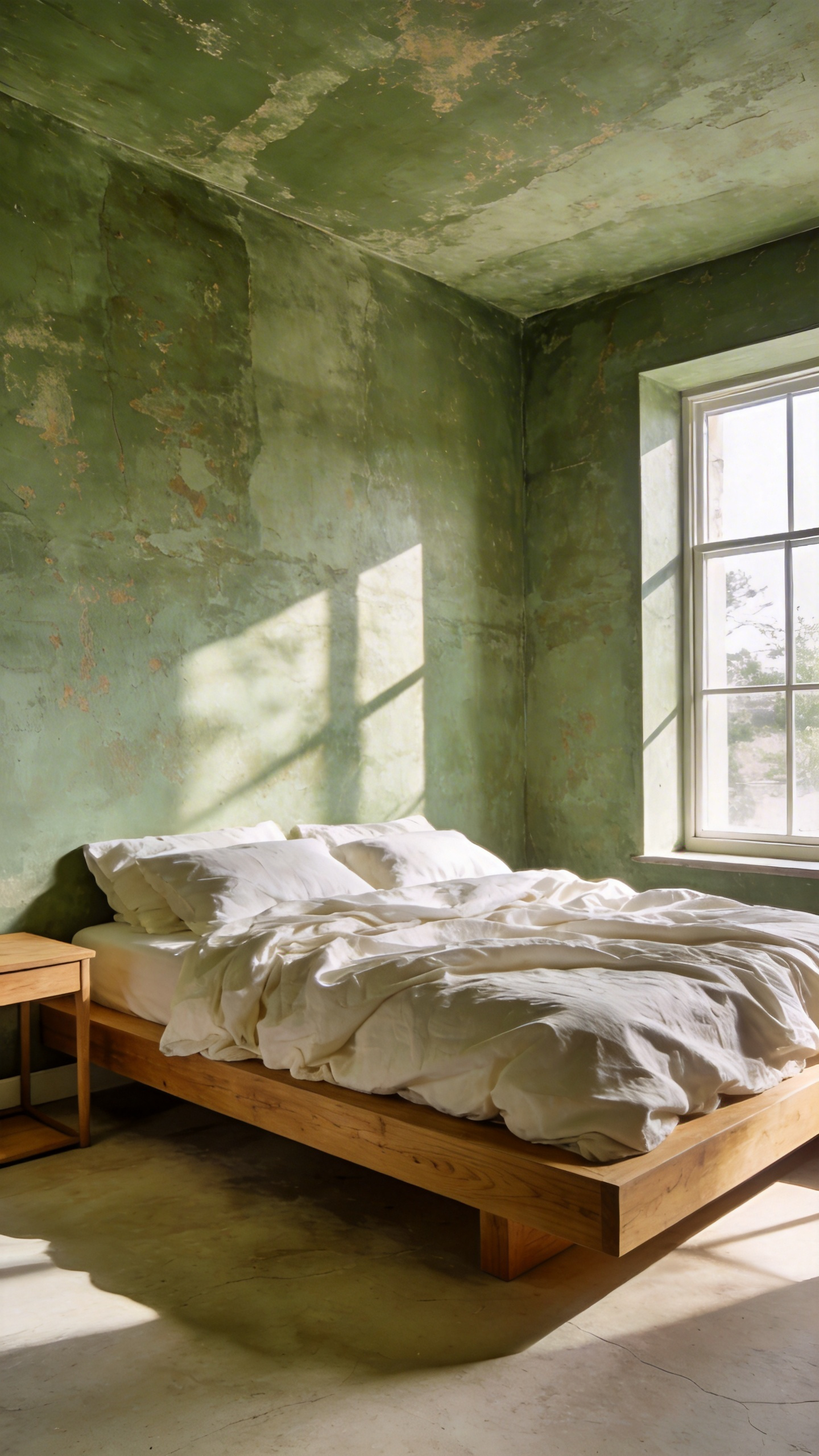 A luxurious bedroom with textured limewash walls in soft sage green and organic linen bedding.