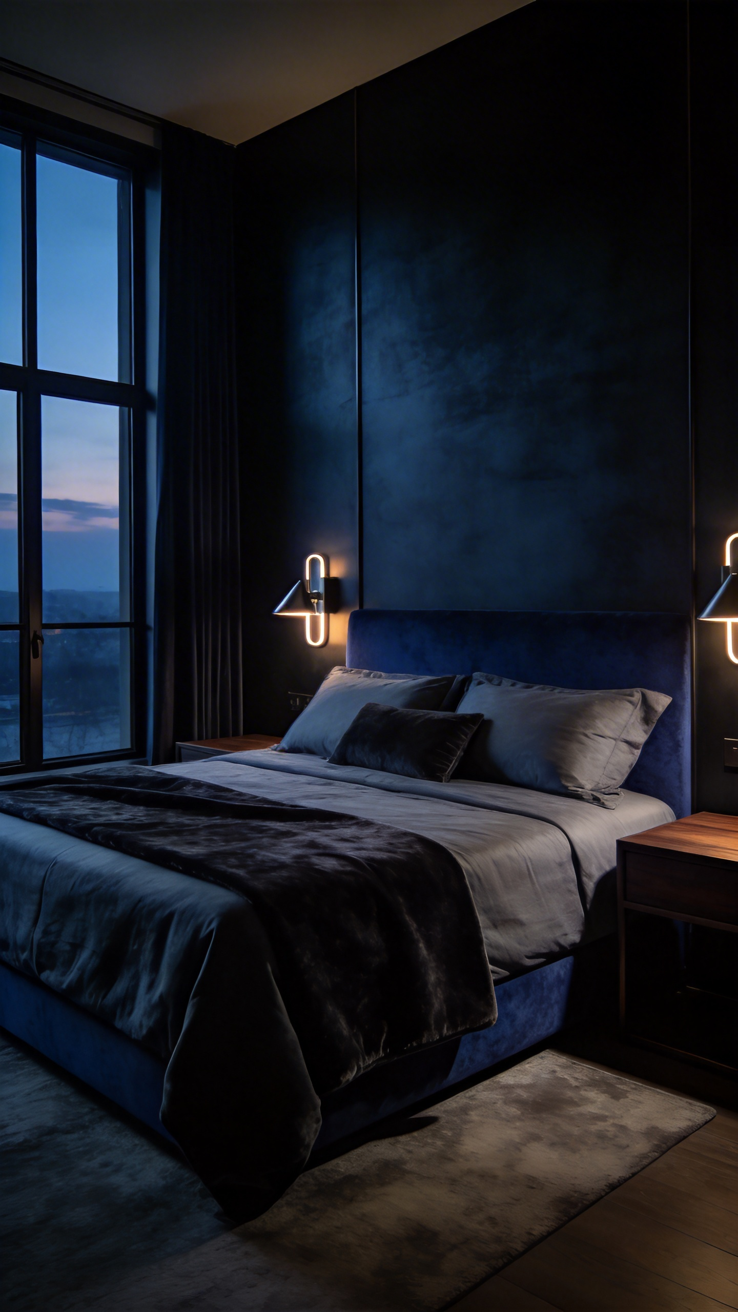 A luxurious master bedroom with low-chroma blackened indigo walls and warm ambient lighting designed for circadian health.