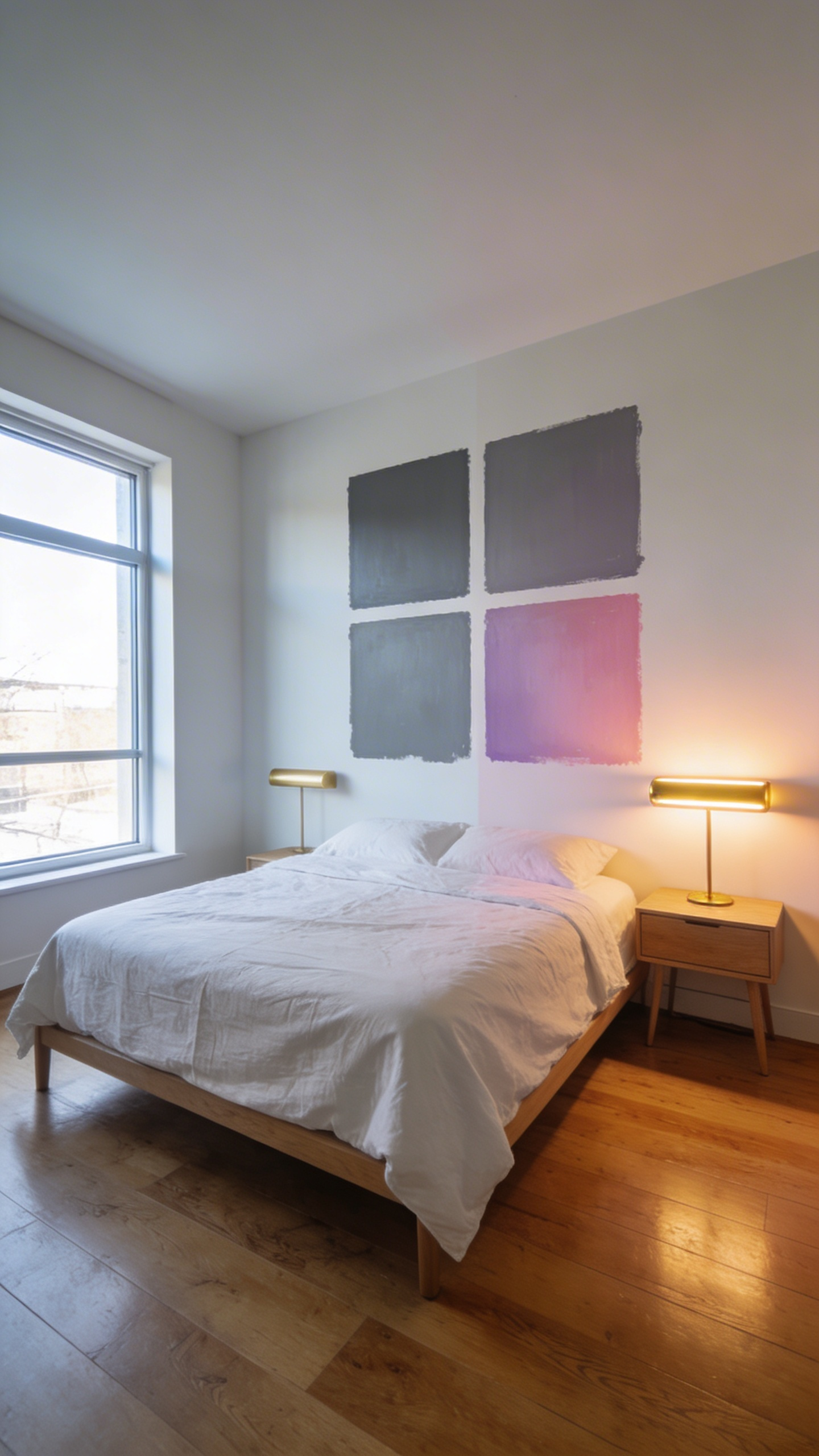 A modern bedroom wall featuring several gray paint swatches showing different color tones under a mix of natural morning light and warm artificial LED lamp light.