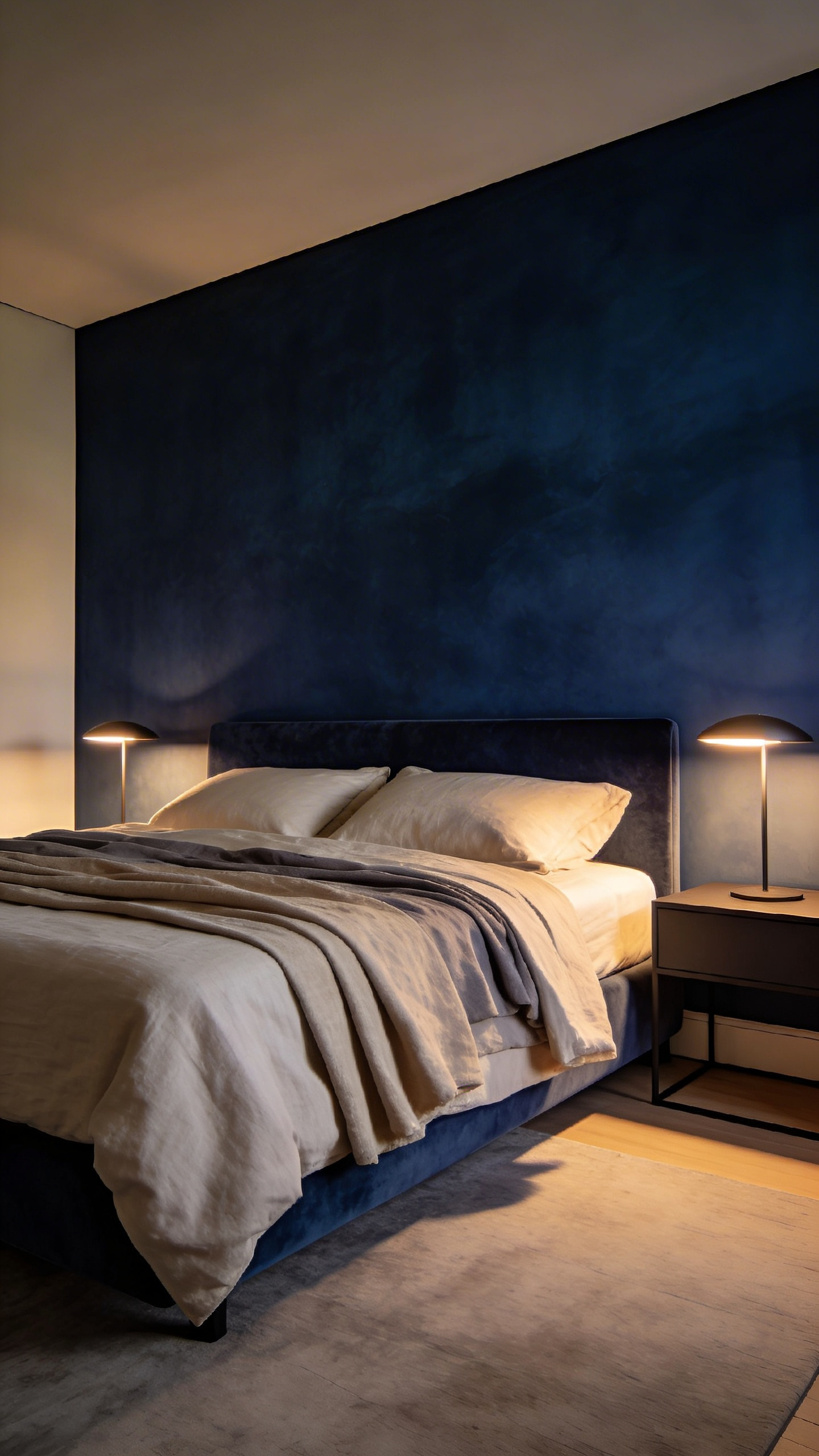 A modern master bedroom with deep charcoal-blue walls and soft ambient lighting designed to demonstrate low light reflectance for better sleep.