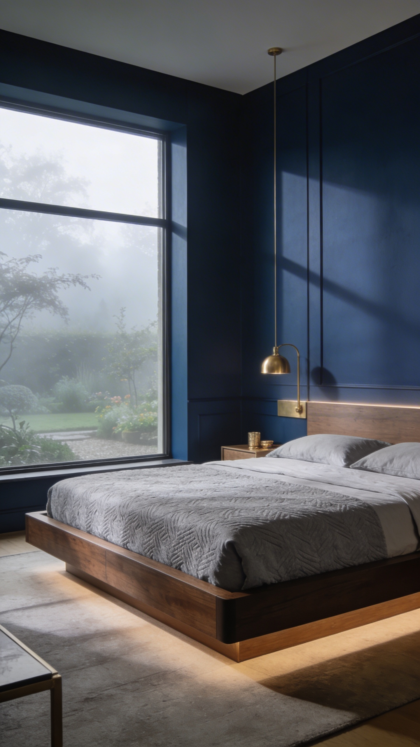 A modern bedroom with navy blue walls and large windows showcasing how dark paint colors respond to cool northern light.