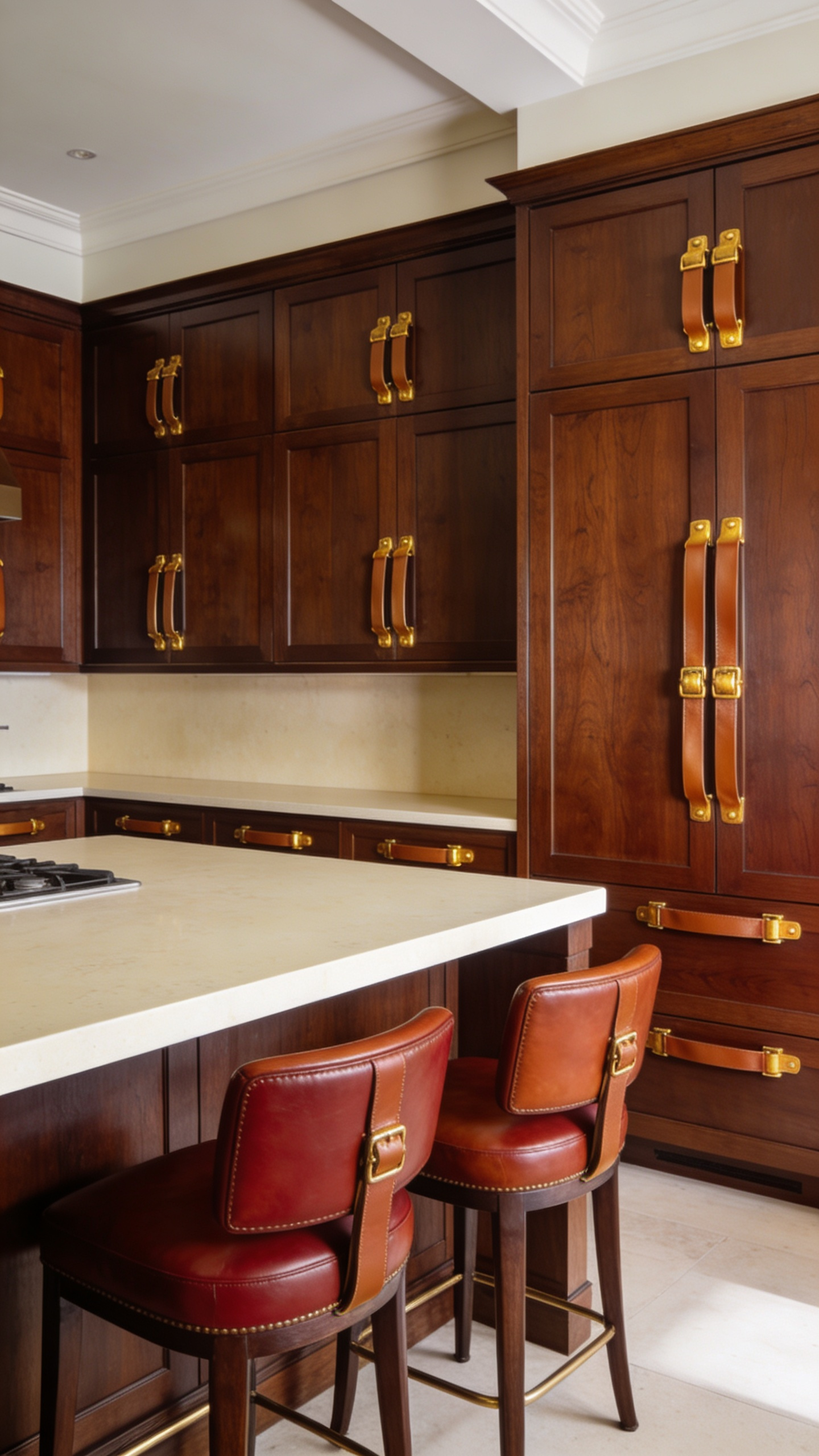 A luxury brown kitchen featuring deep walnut cabinets, cream marble counters, and an island with three cognac leather bar stools. Cognac leather strap pulls are integrated into the cabinetry, highlighting tactile texture and warmth.