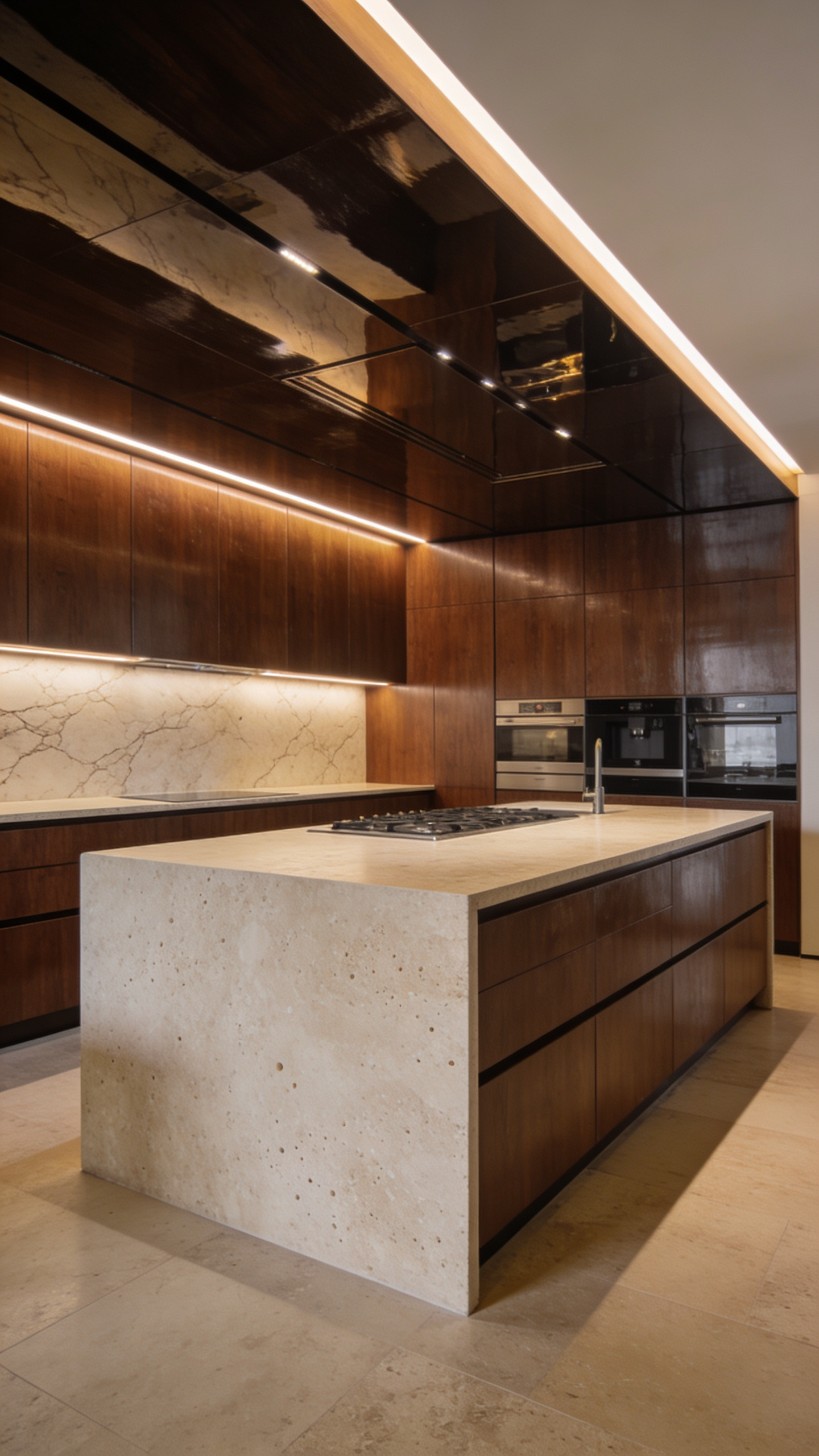 Deep brown walnut kitchen cabinets contrasted sharply with a matte beige honed limestone island and countertops, showcasing refined textural dialogue.