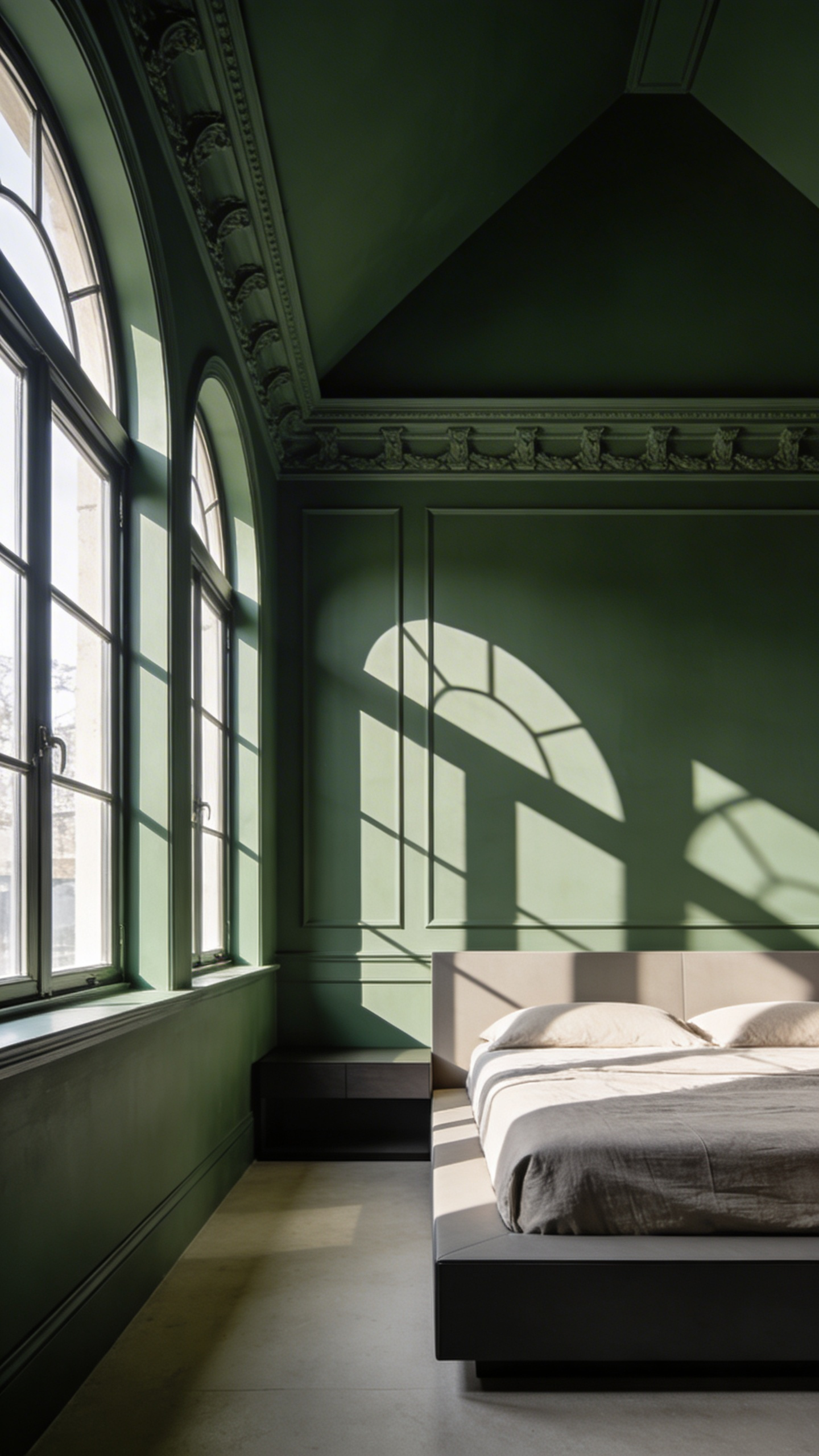 A professionally designed bedroom featuring a sage green color-drenched paint scheme on walls and ceilings with dramatic sunlight shadows.