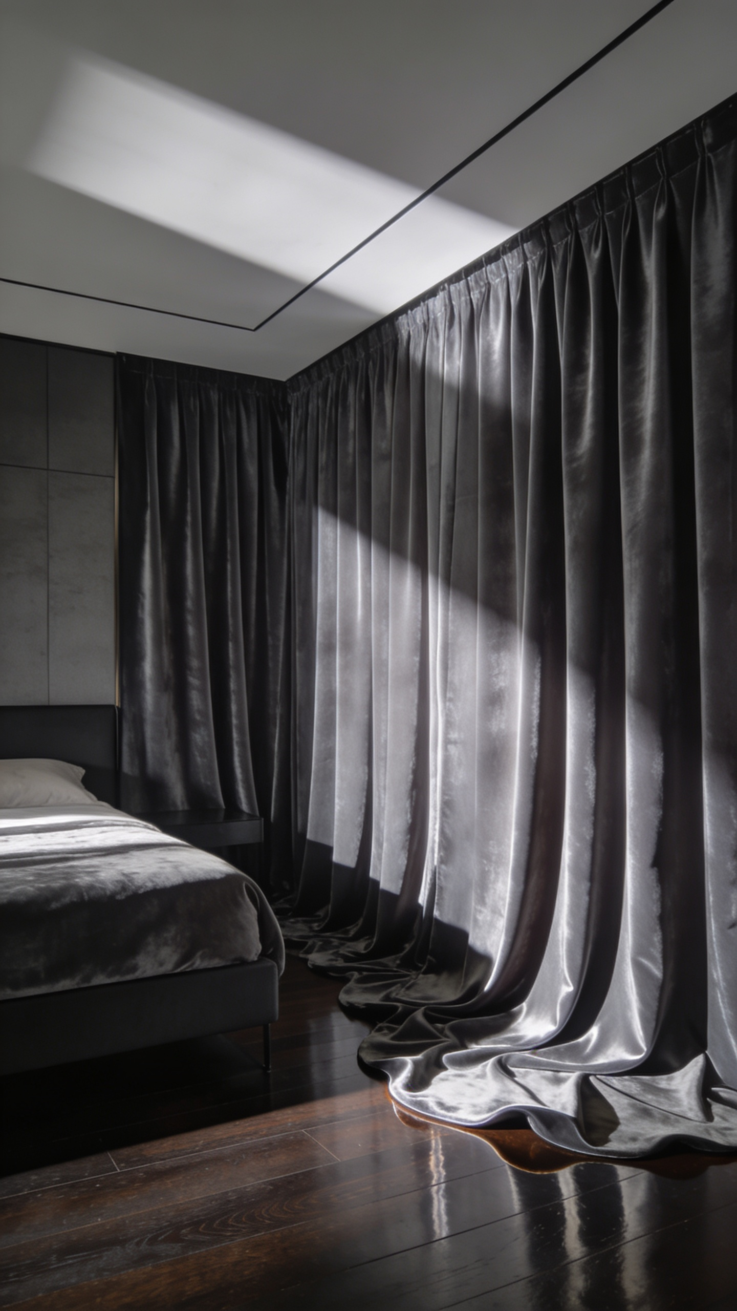 High-end, slate grey velvet drapery with deep folds hanging heavily against a bedroom wall, illustrating the luxurious weight provided by thick blackout lining.