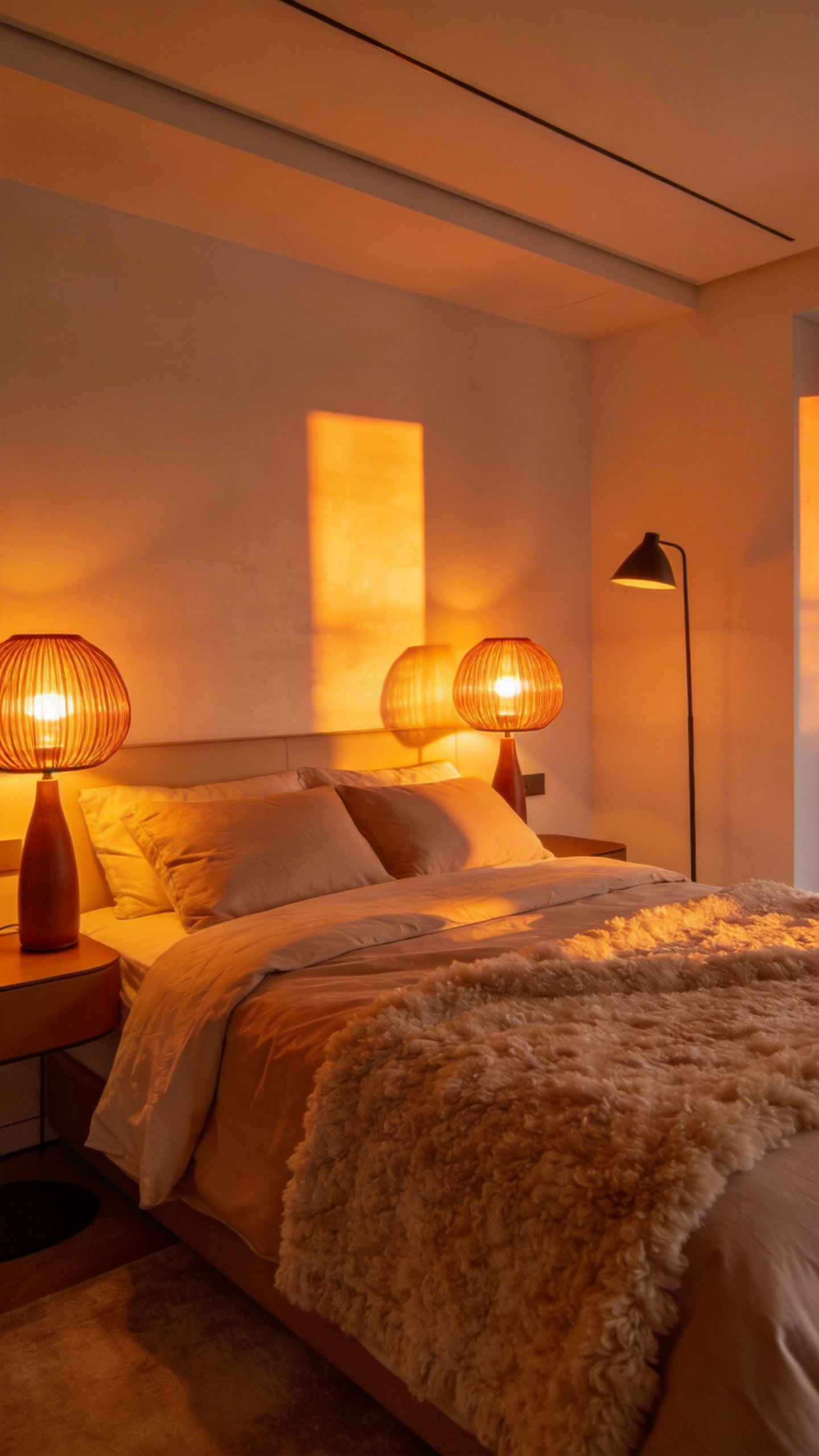A cozy bedroom with warm amber lighting from bedside lamps and plush white bedding.