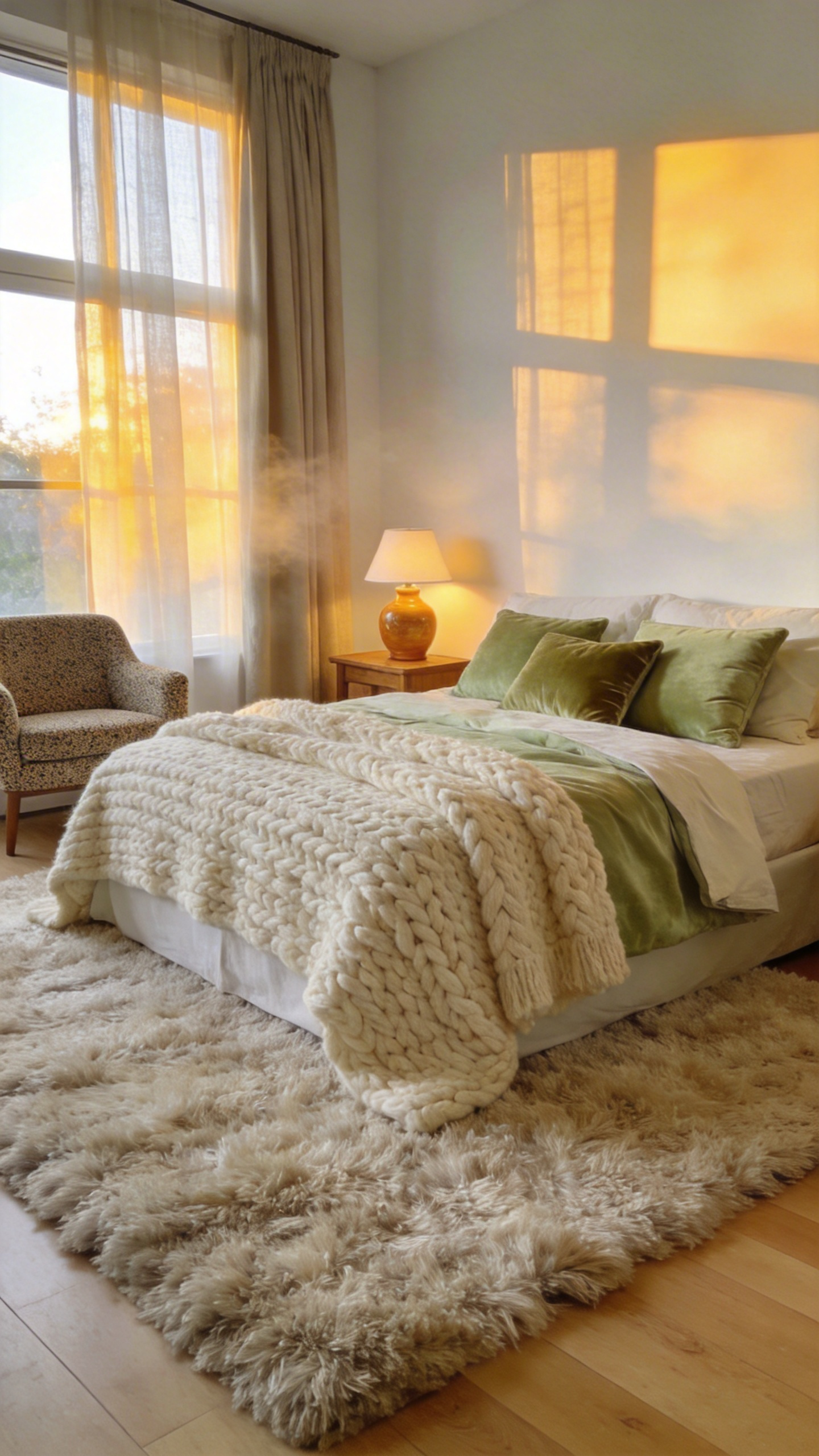 A full view of a cozy bedroom featuring layered soft textures, a chunky knit blanket, and warm sunlight streaming through the window.