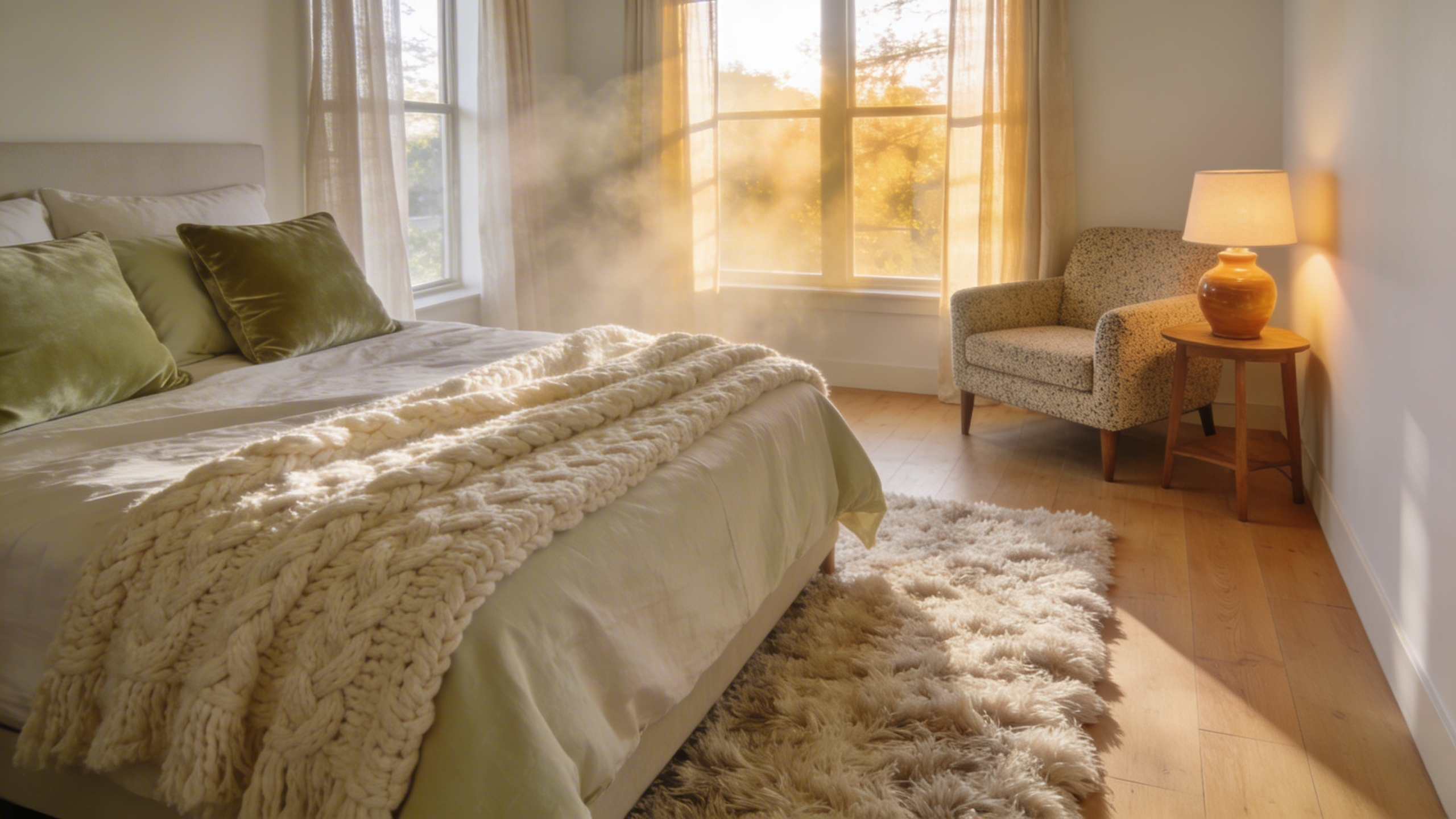A full view of a cozy bedroom featuring layered soft textures, a chunky knit blanket, and warm sunlight streaming through the window.