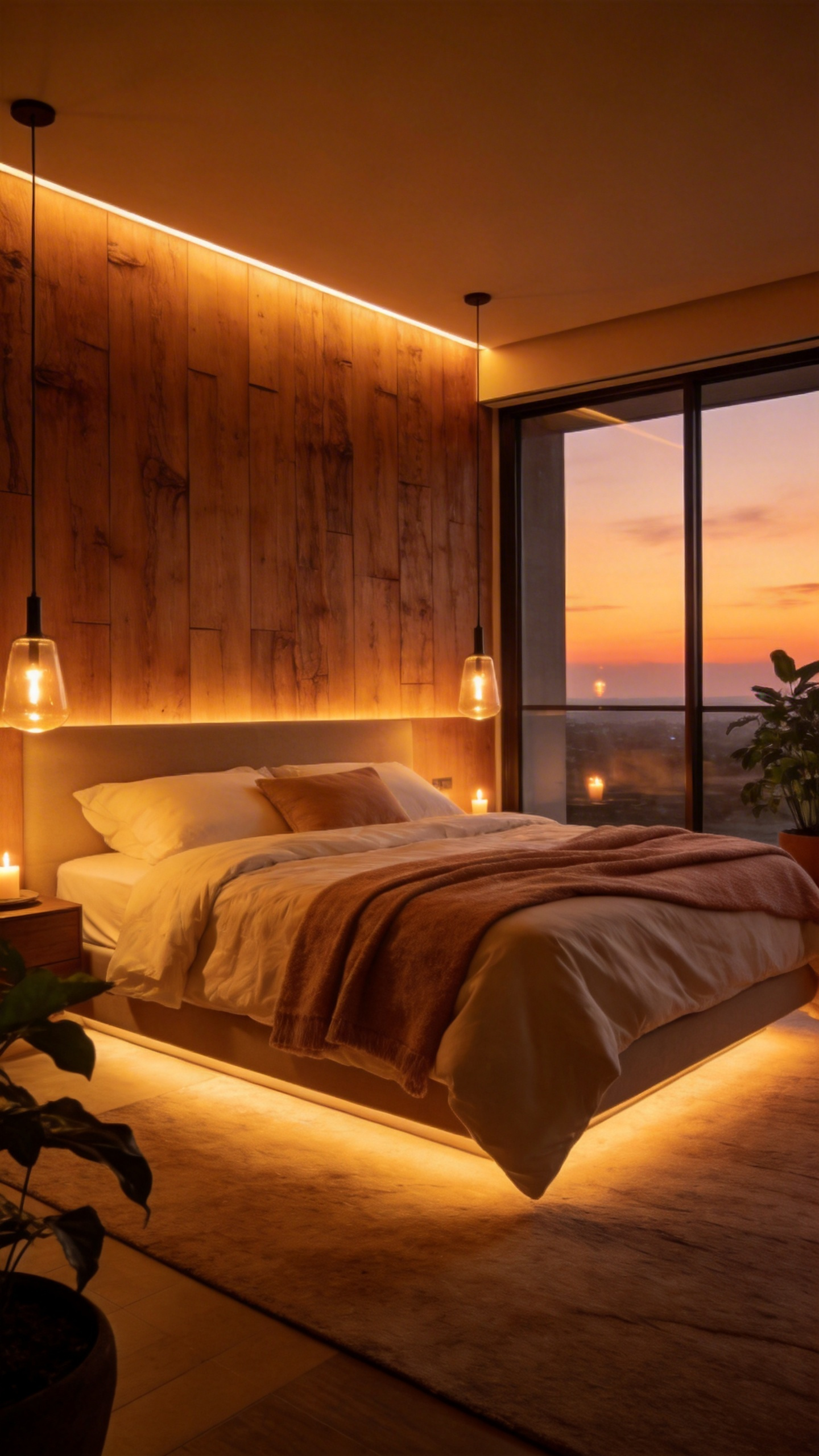 A modern cozy bedroom with warm-dim lighting and biophilic design elements during twilight.