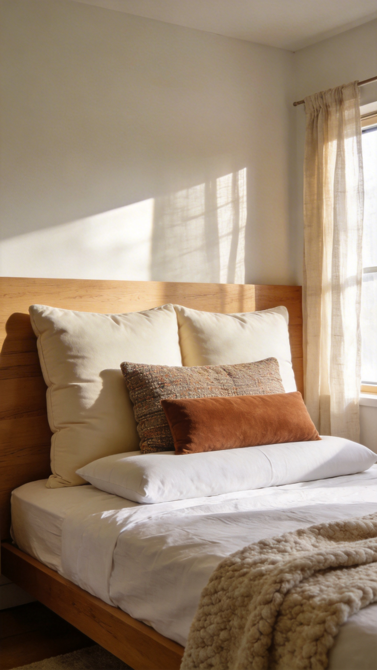 A beautifully styled bed showing the pillowscaping technique with large Euro shams and stacked pillows in a bright, cozy bedroom.