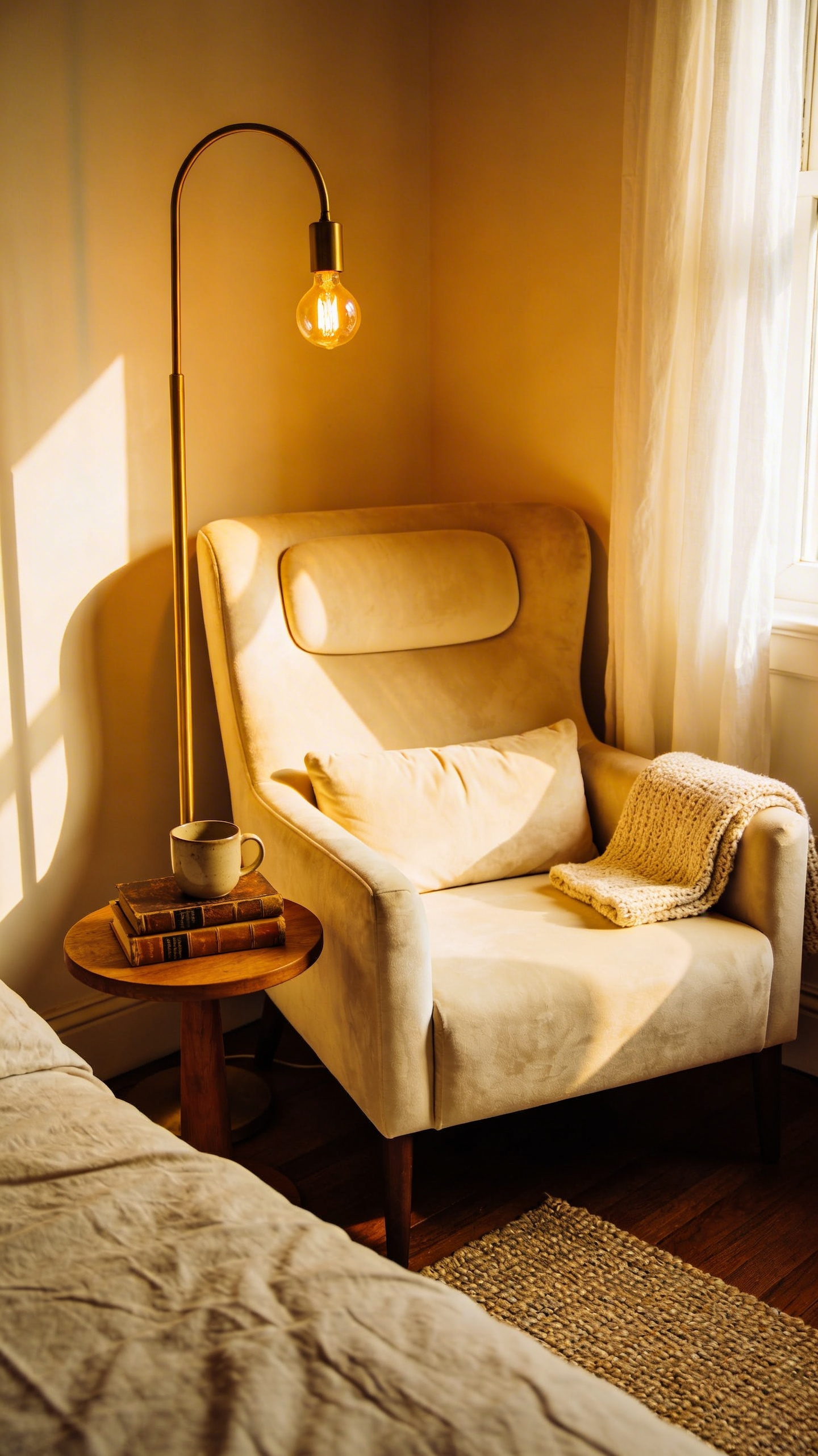 A cozy bedroom reading nook featuring a cream armchair, wooden side table, and brass lamp in a sunlit corner.
