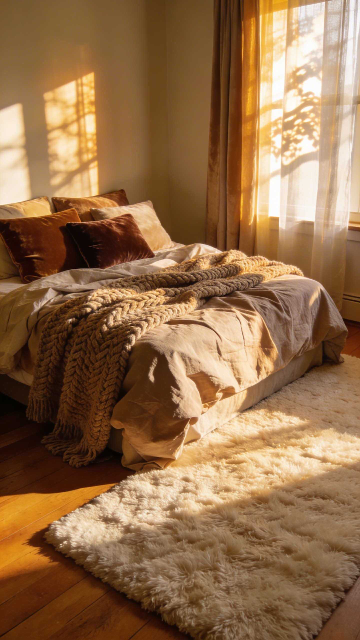 A full scene of a cozy bedroom featuring layered soft bedding and plush textures illuminated by warm natural light.
