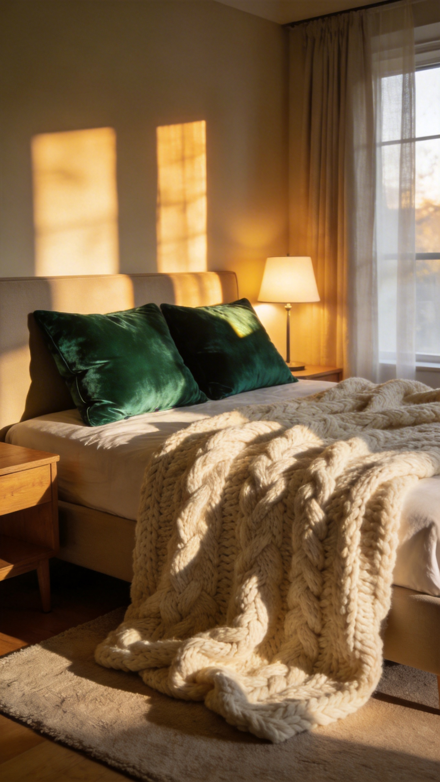 A well-lit cozy bedroom featuring a bed layered with reflective emerald green velvet pillows and a matte cream chunky knit wool blanket.