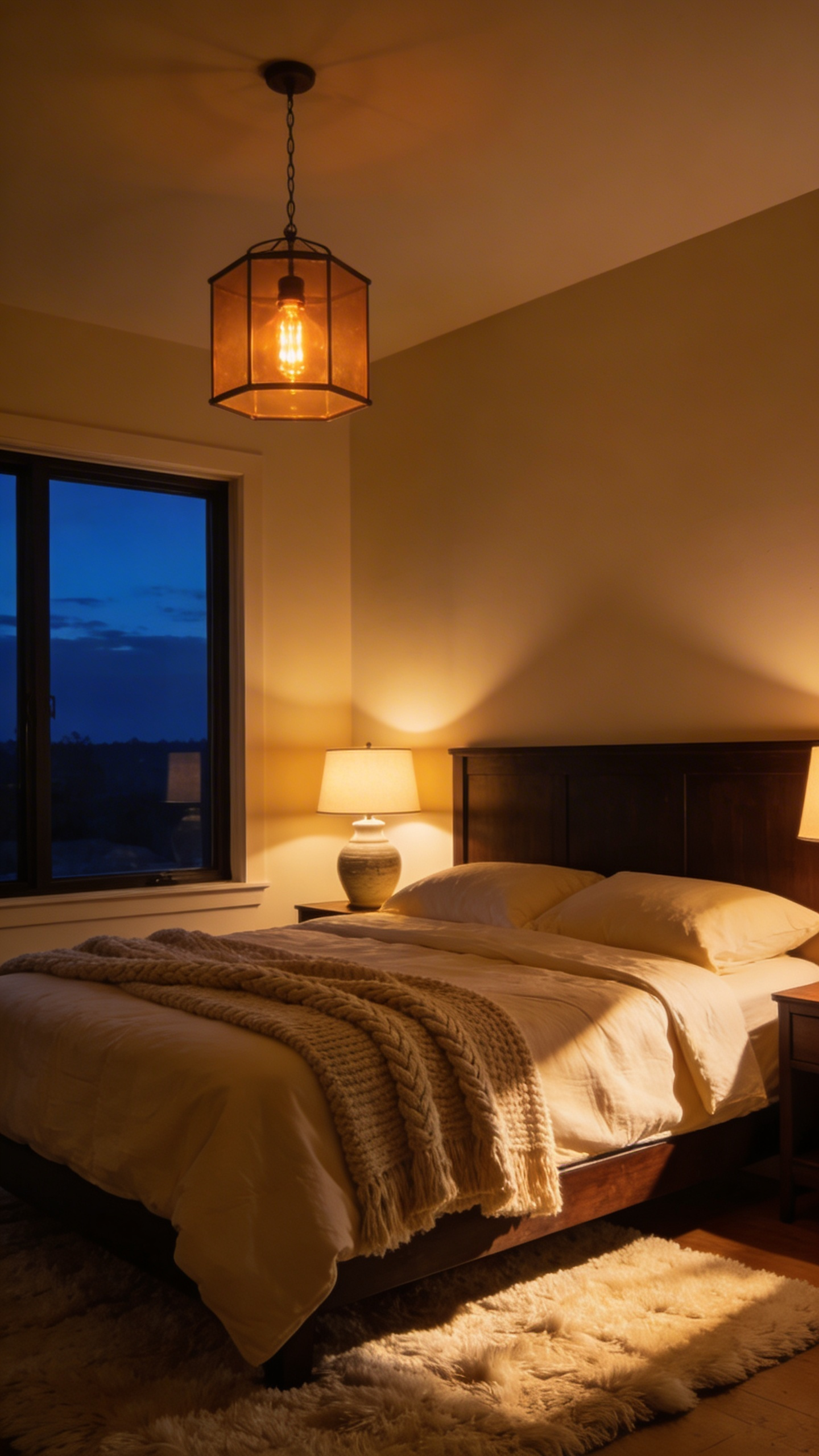A full view of a cozy bedroom with warm 2700K amber lighting, layered bedding, and a peaceful evening atmosphere.