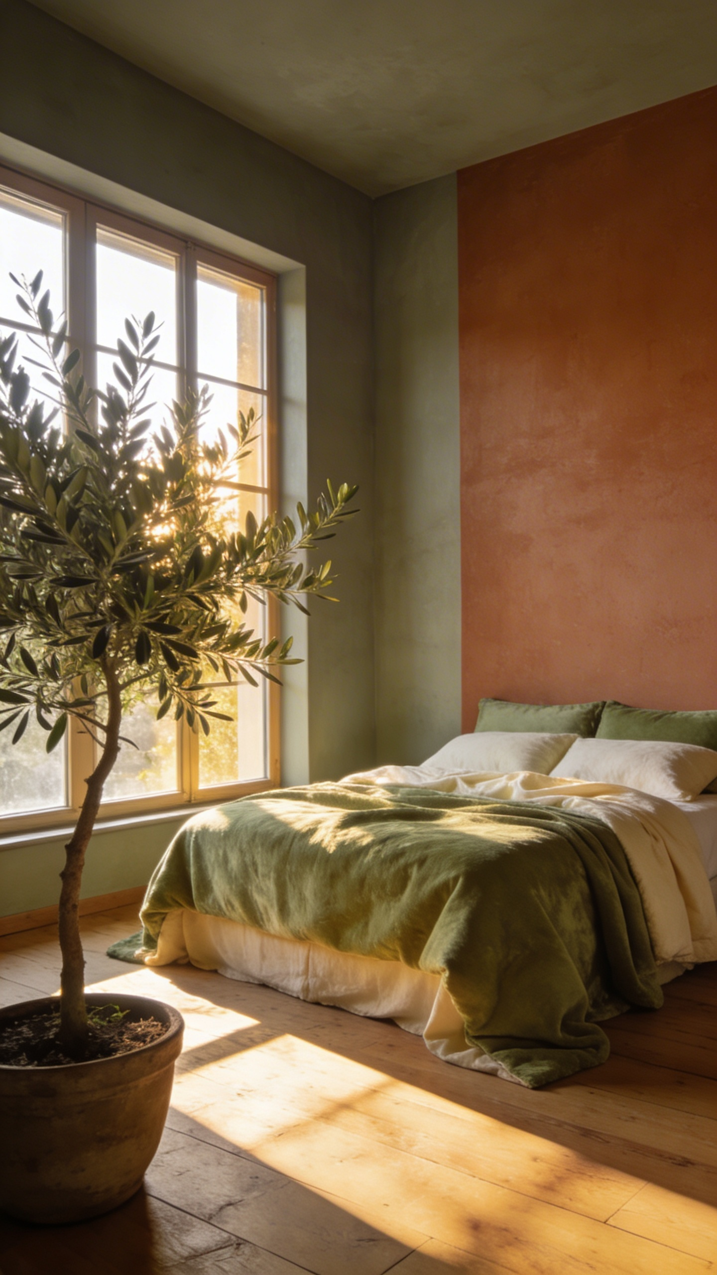 A serene bedroom featuring warm greige walls, sage green bedding, and earthy terracotta accents in soft natural light.