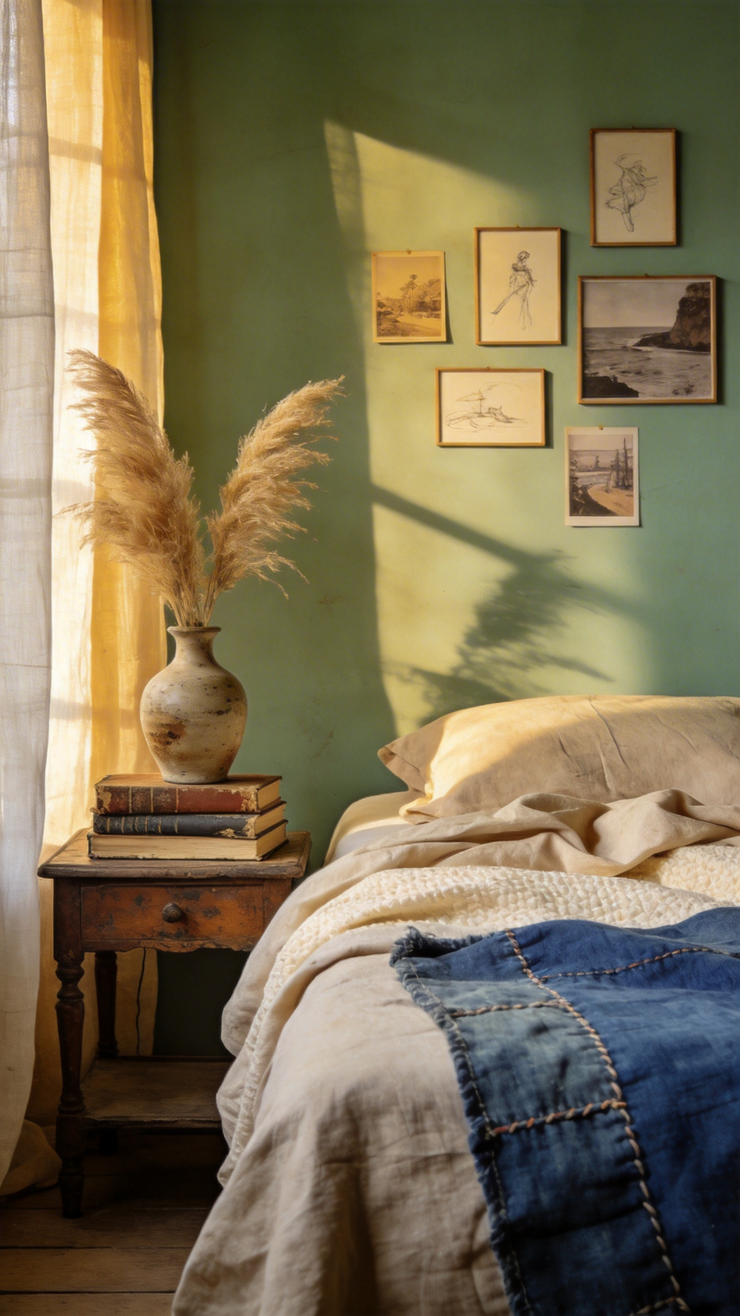 A serene, curated bedroom featuring oatmeal linen bedding, personalized art, and collected antique objects, representing a shift from decorating to creating a personal sanctuary.