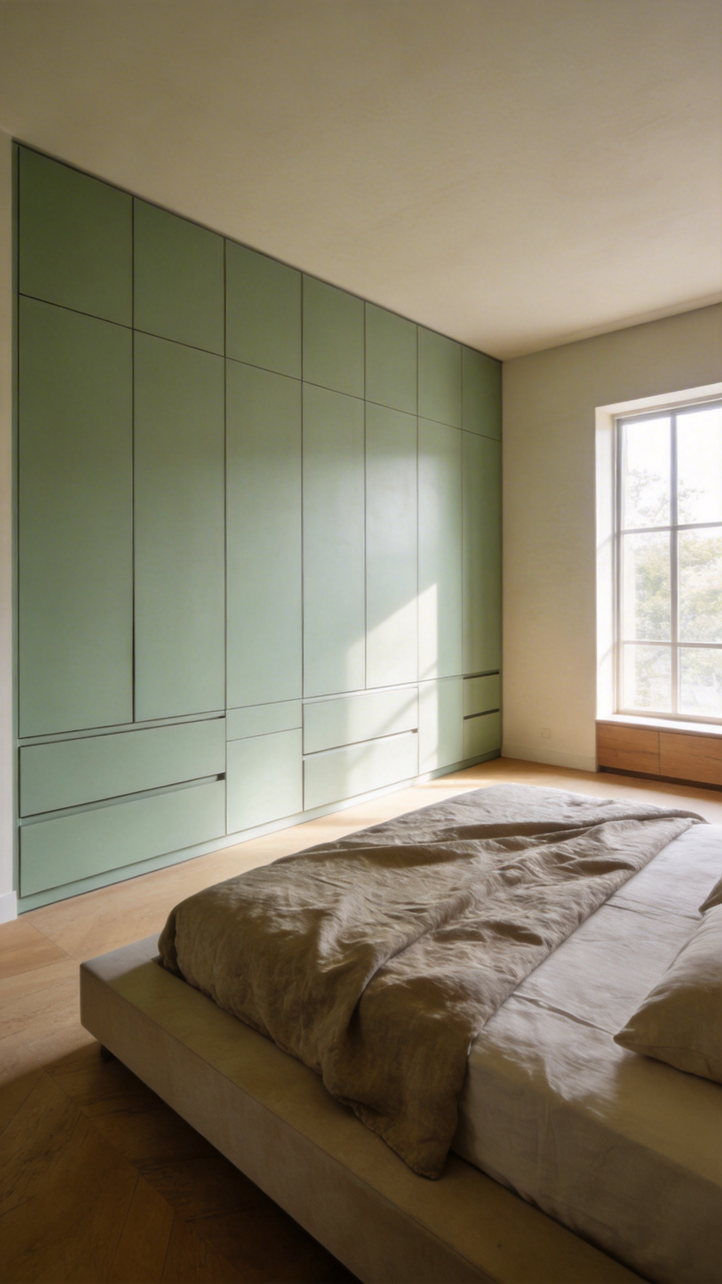 A wide-angle photograph of a serene bedroom showcasing floor-to-ceiling custom millwork built-ins painted pale sage, replacing freestanding clutter and creating a calm, expansive feel.