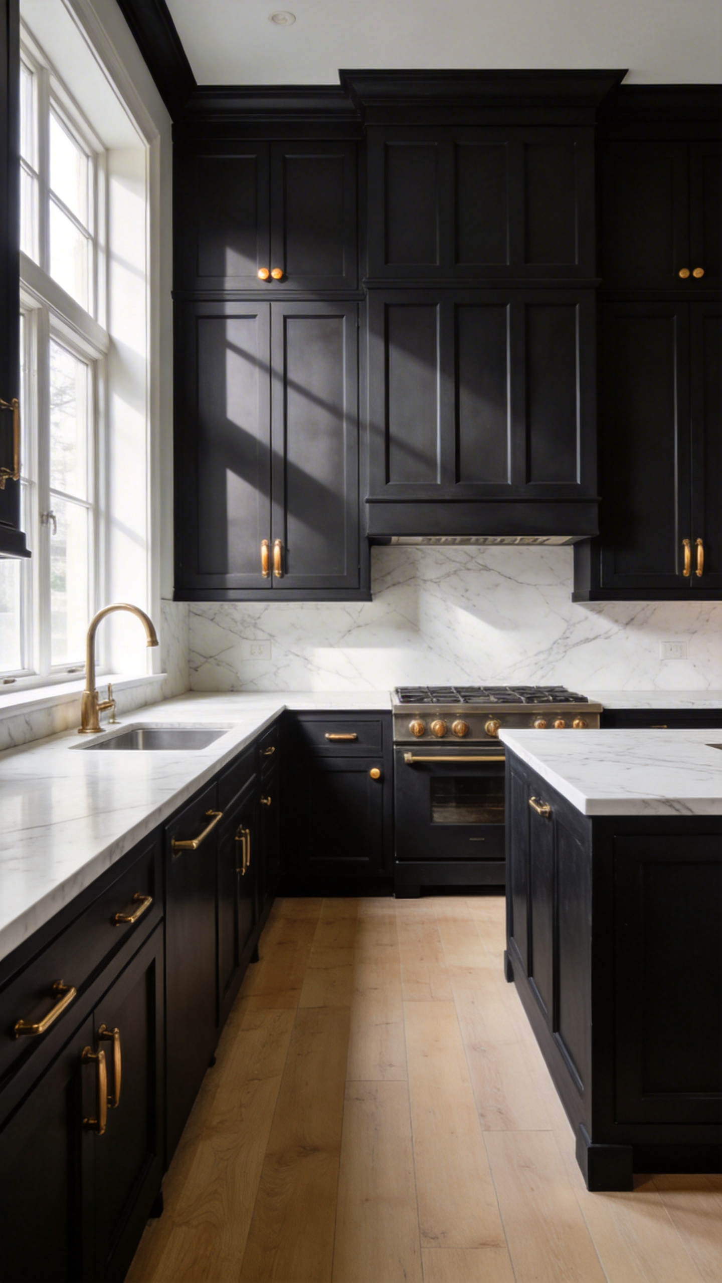 A modern luxury kitchen featuring deep charcoal Shaker cabinets with brass hardware and white marble countertops in natural light.