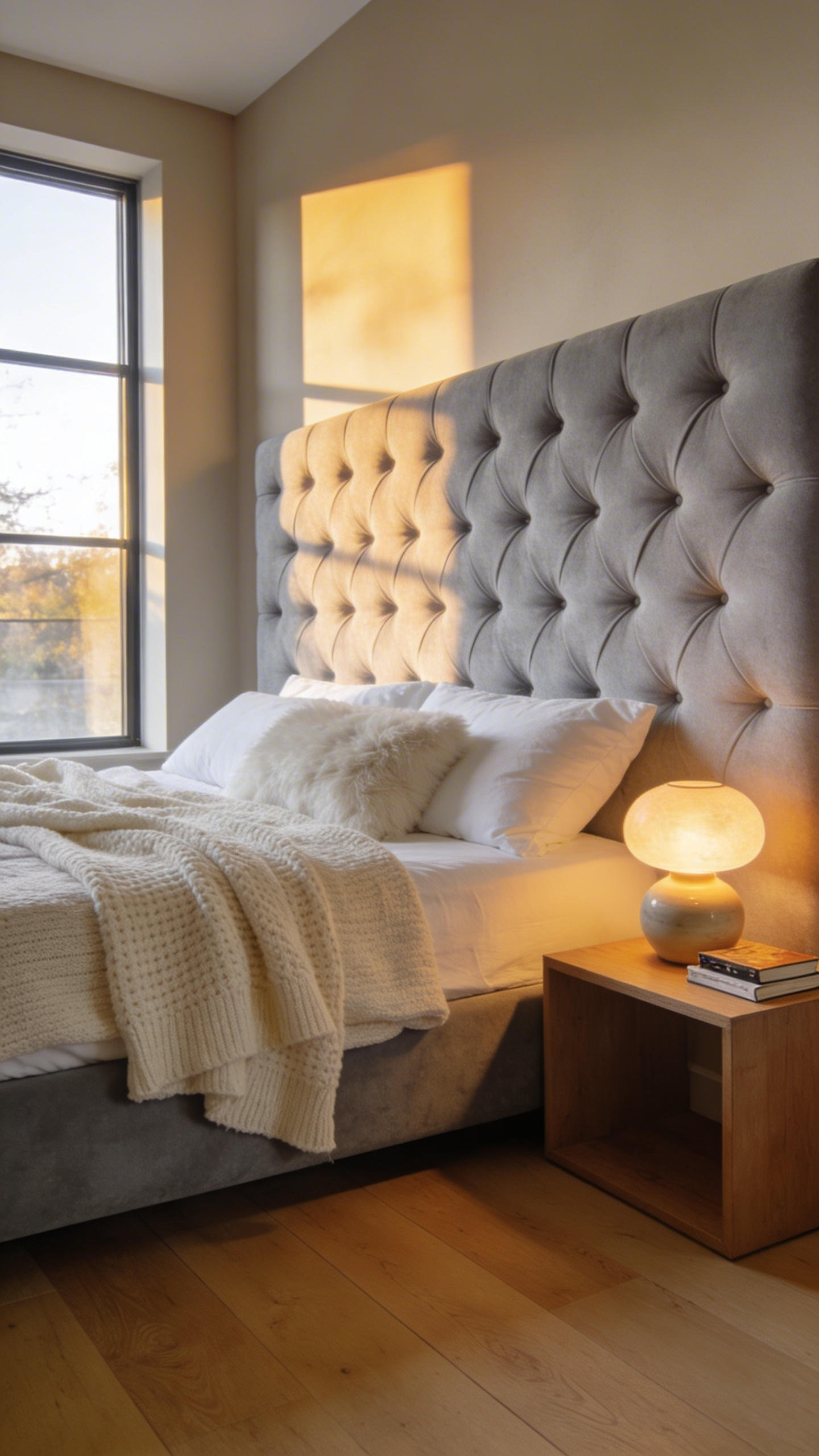 A cozy bedroom interior featuring a tall DIY upholstered fabric headboard with layered neutral bedding and soft natural lighting.