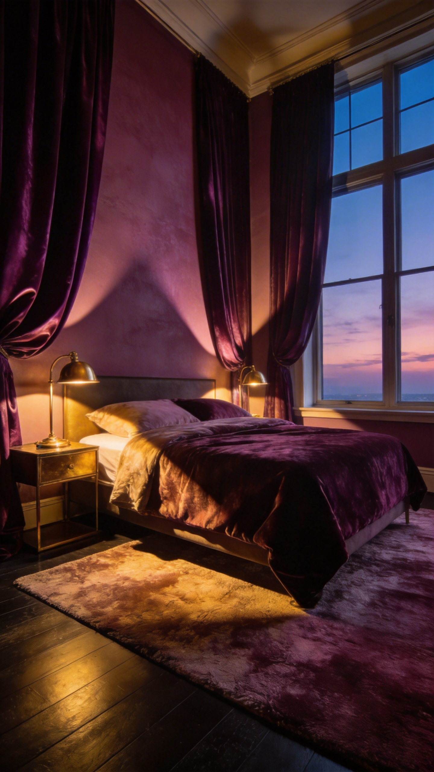 A high-end master bedroom with dusty mauve walls and deep aubergine accents showing sophisticated Chiaroscuro lighting.