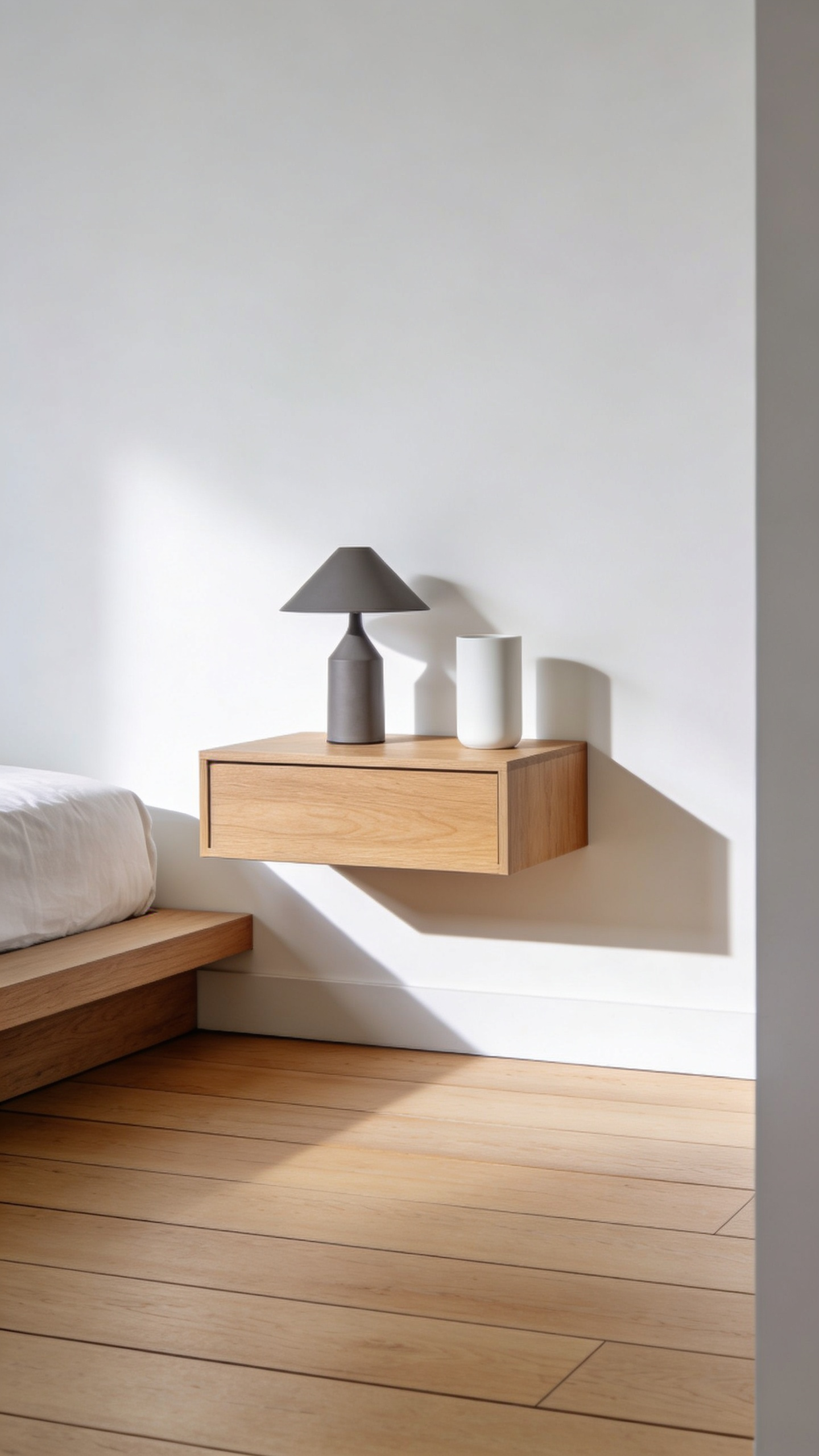 A wide-angle view of a minimalist bedroom showcasing a light oak floating nightstand mounted to a white wall, preserving the unbroken sightline of the continuous wooden floor underneath.